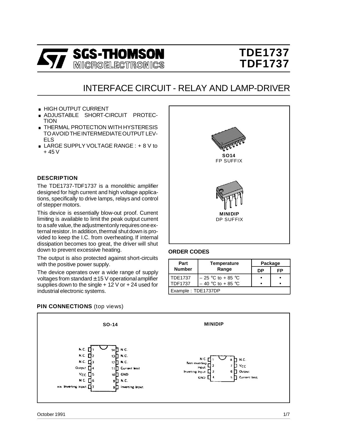INTERFACE CIRCUIT - RELAY AND LAMP-DRIVER by SGS-THOMSON Microelectronics