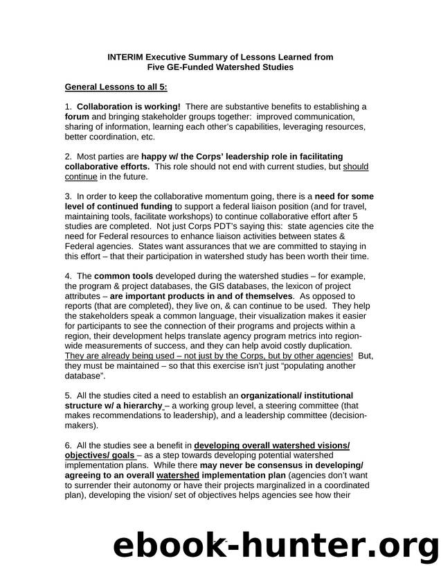 INTERIM Executive Summary of Lessons Learned from Five GE-Funded Watershed Studies by L. Leigh Skaggs