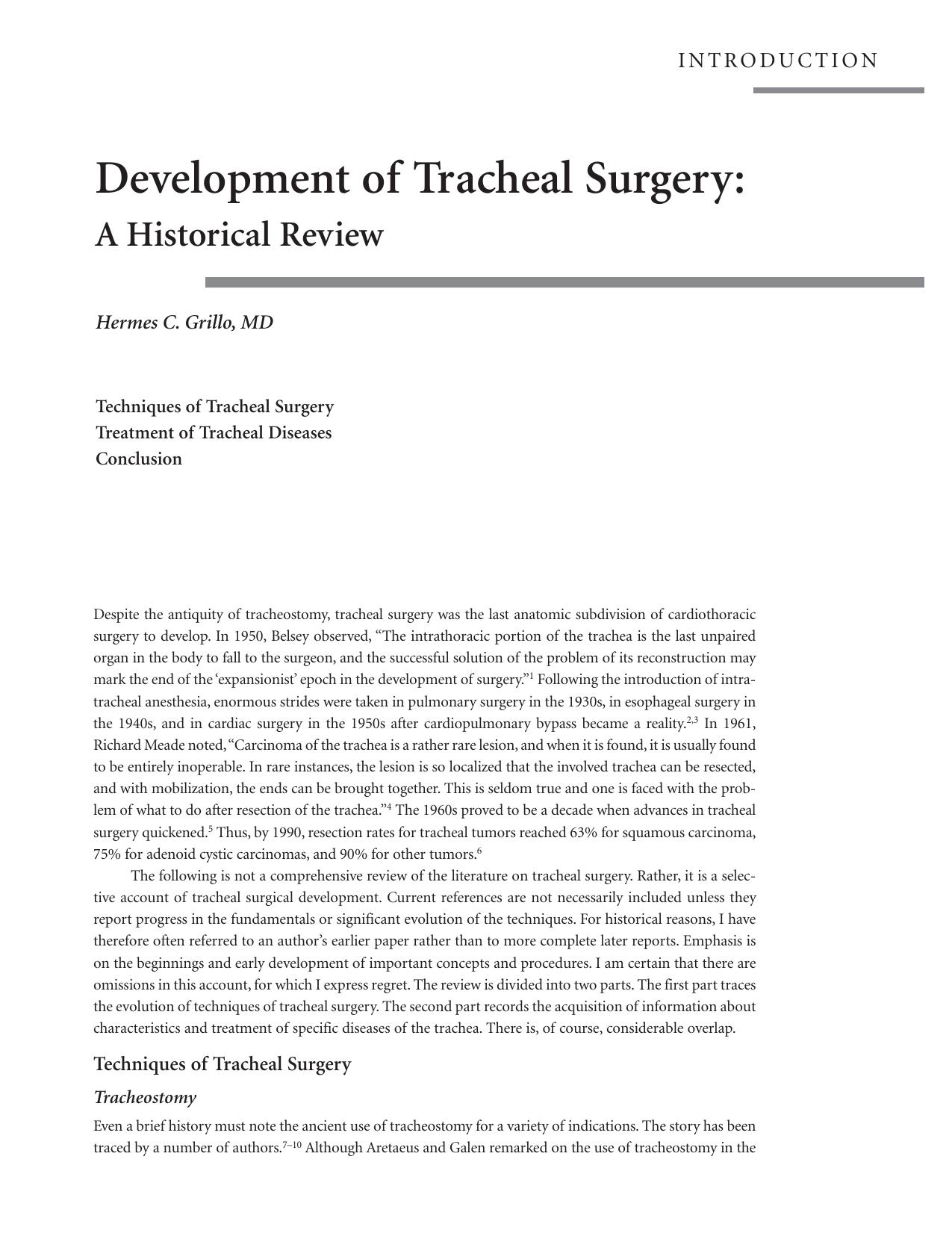 INTRODUCTION: Development of Tracheal Surgery: A Historical Review by H.Grillo