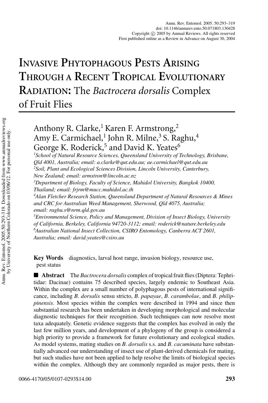 INVASIVE PHYTOPHAGOUS PESTS ARISING THROUGH A RECENT TROPICAL EVOLUTIONARY RADIATION: The Bactrocera dorsalis Complex of Fruit Flies by unknow