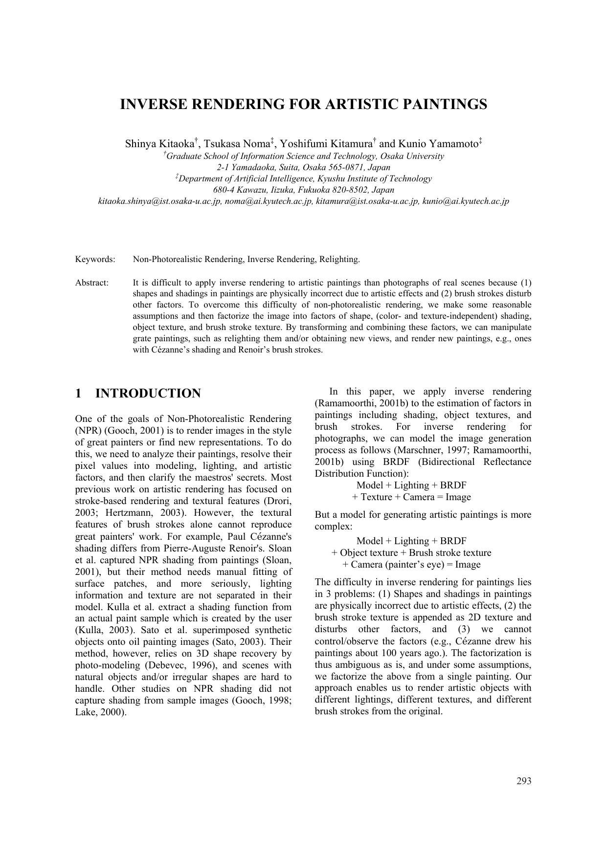 INVERSE RENDERING FOR ARTISTIC PAINTINGS by Shinya Kitaoka Tsukasa Noma Yoshifumi Kitamura & Kunio Yamamoto