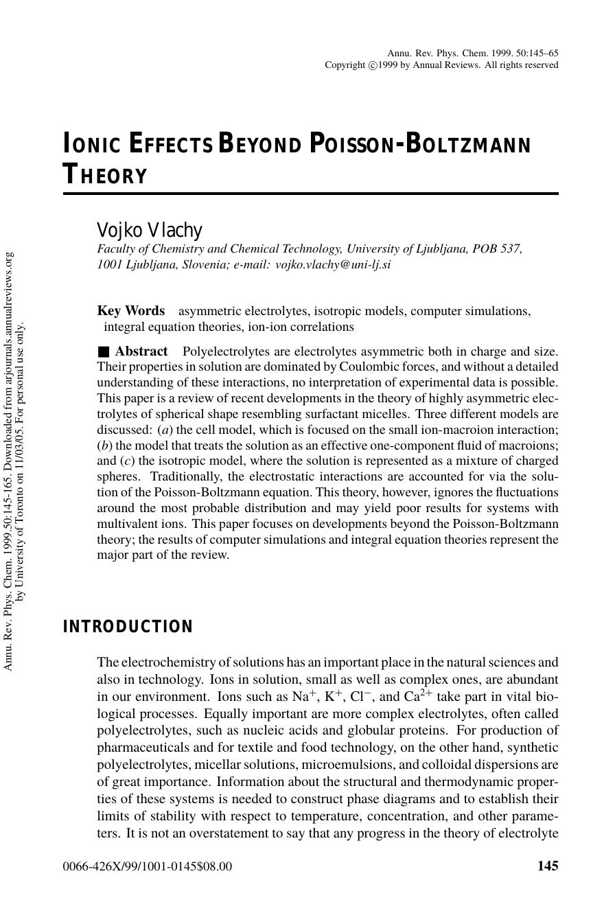 IONIC EFFECTS BEYOND POISSON-BOLTZMANN THEORY by Vojko Vlachy
