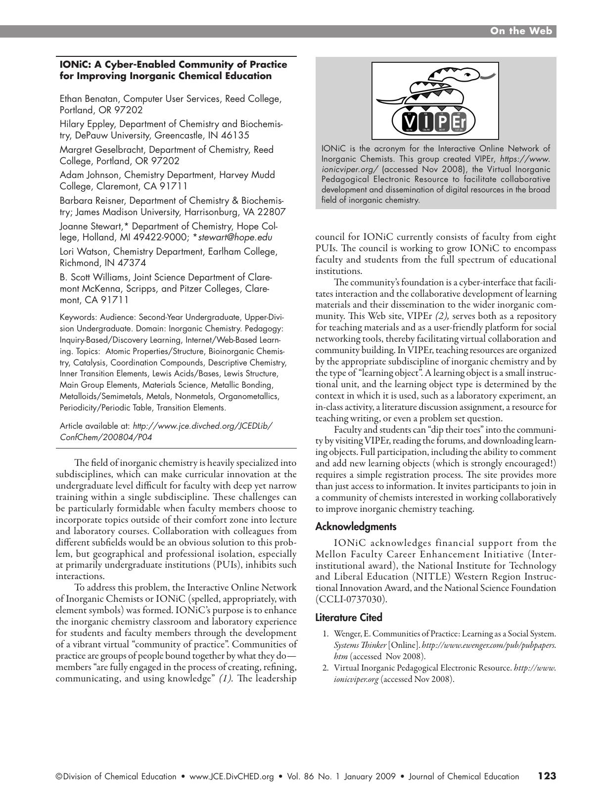 IONIC: A Cyber-Enabled Community of Practice for Improving Inorganic Chemical Education by unknow