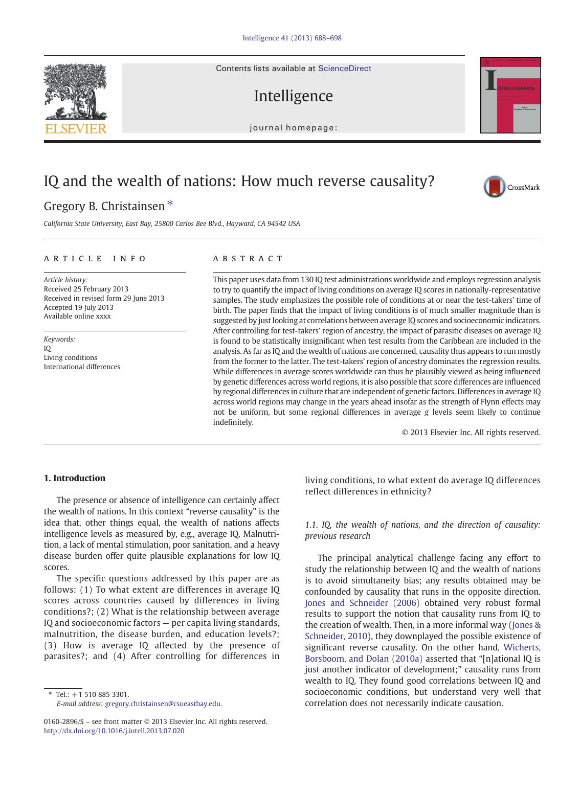 IQ and the wealth of nations: How much reverse causality? by Gregory B. Christainsen