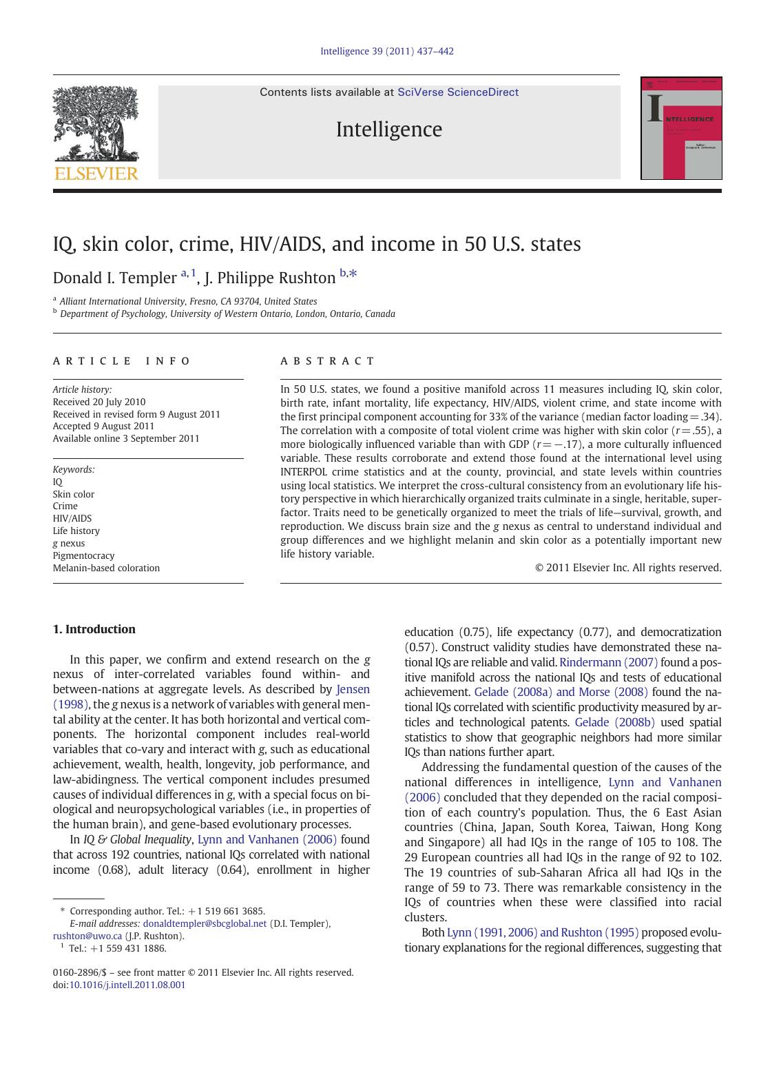 IQ, skin color, crime, HIVAIDS, and income in 50 U.S. states by Donald I. Templer & J. Philippe Rushton