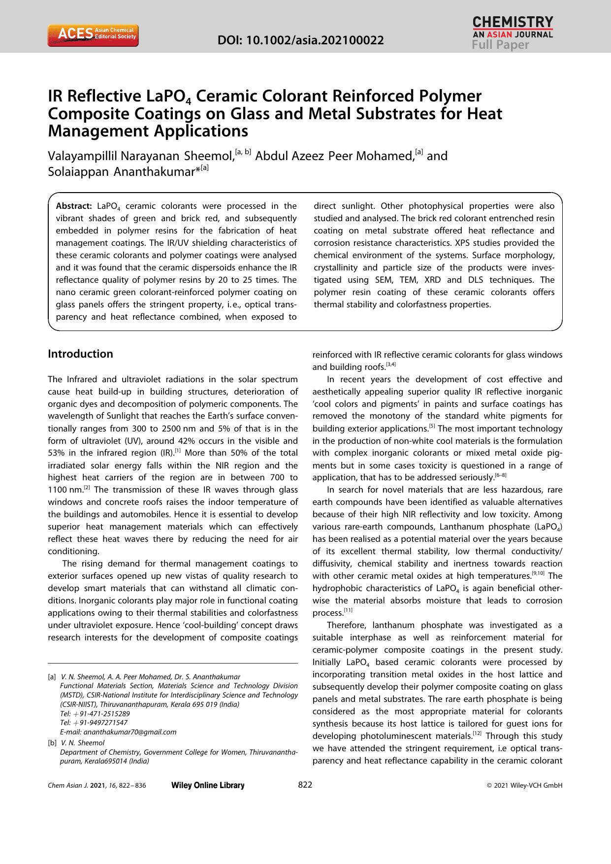 IR Reflective LaPO4 Ceramic Colorant Reinforced Polymer Composite Coatings on Glass and Metal Substrates for Heat Management Applications by Unknown