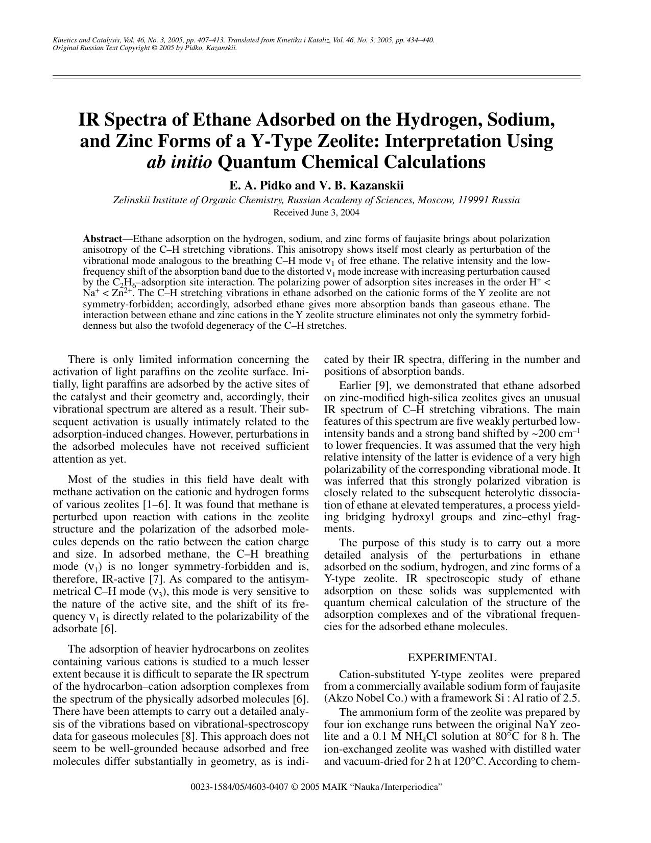 IR Spectra of Ethane Adsorbed on the Hydrogen, Sodium, and Zinc Forms of a Y-Type Zeolite: Interpretation Using <Emphasis Type="Italic">ab initio<Emphasis> Quantum Chemical Calculations by Unknown