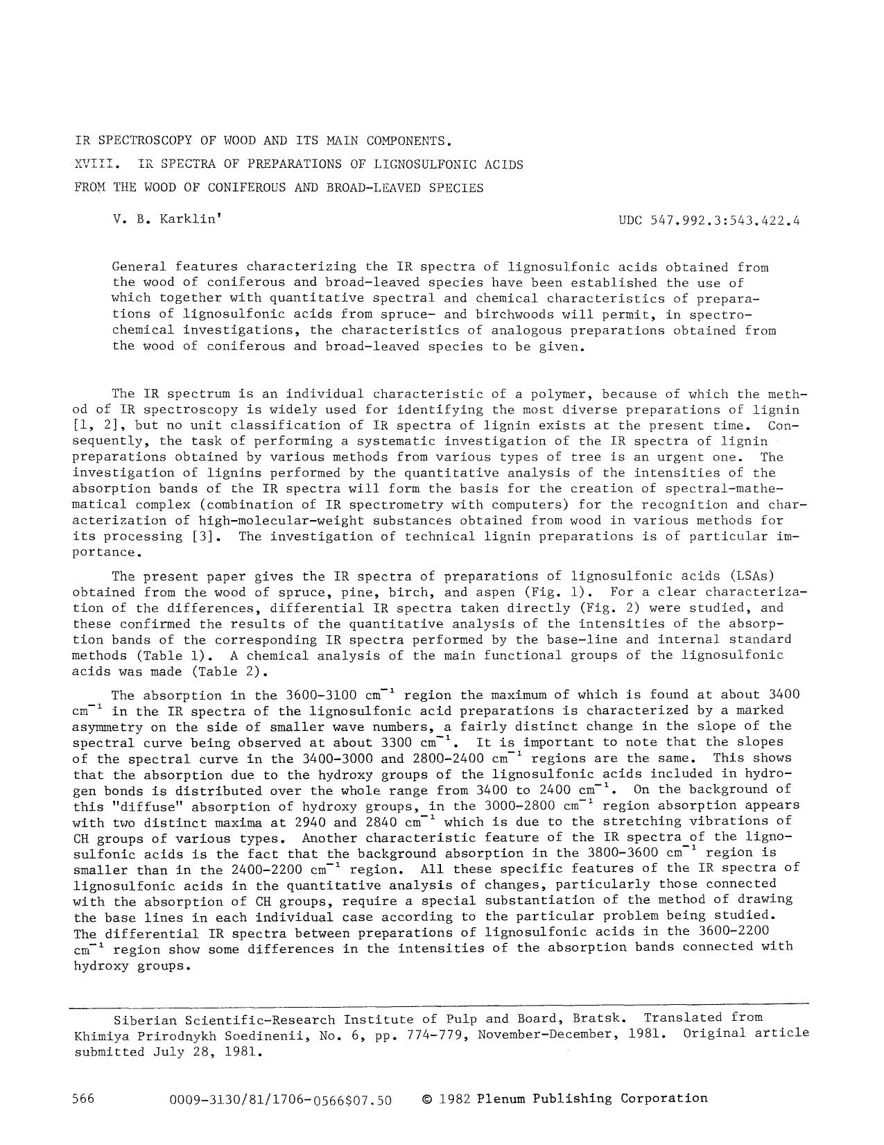 IR spectroscopy of wood and its main components. XVIII. IR spectra of preparations of lignosulfonic acids from the wood of coniferous and broad-leaved species by Unknown
