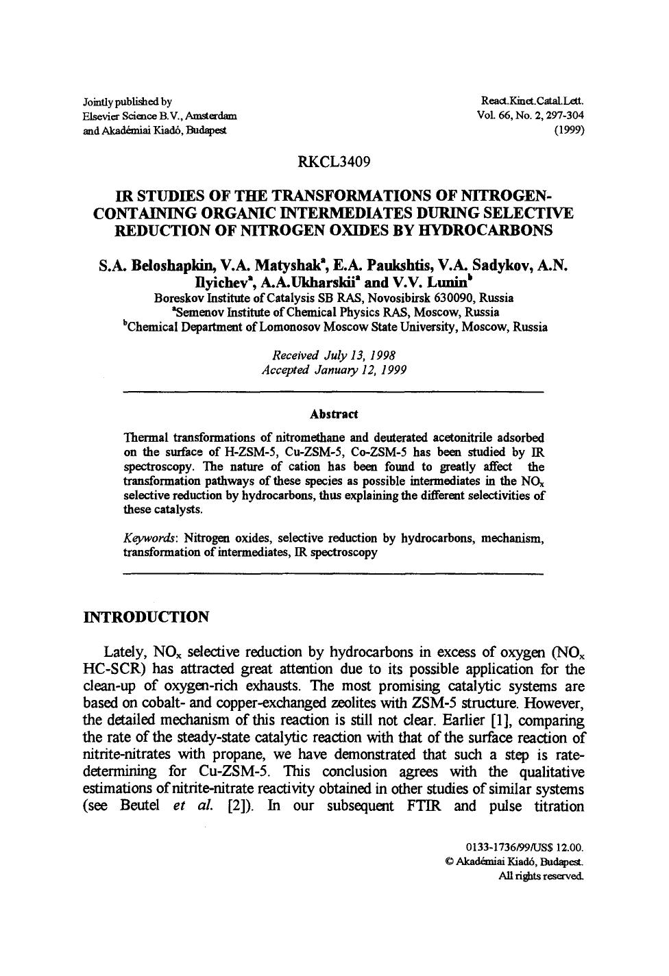 IR studies of the transformations of nitrogen-containing organic intermediates during selective reduction of nitrogen oxides by hydrocarbons by Unknown