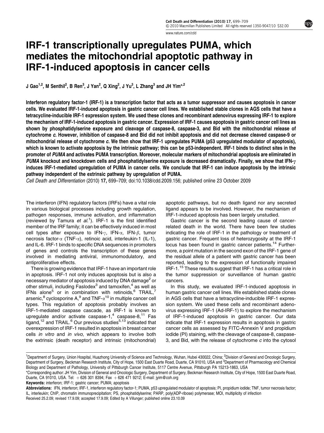 IRF-1 transcriptionally upregulates PUMA, which mediates the mitochondrial apoptotic pathway in IRF-1-induced apoptosis in cancer cells by J Gao & M Senthil & B Ren & J Yan & Q Xing & J Yu & L Zhang & J H Yim
