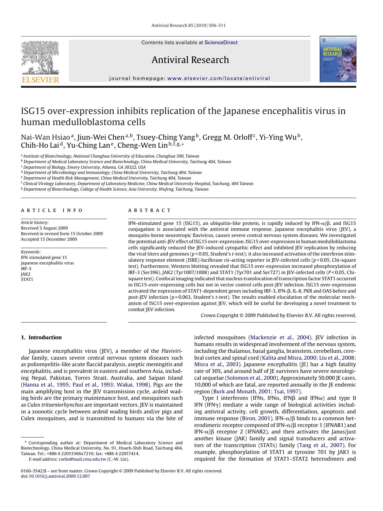 ISG15 over-expression inhibits replication of the Japanese encephalitis virus in human medulloblastoma cells by unknow