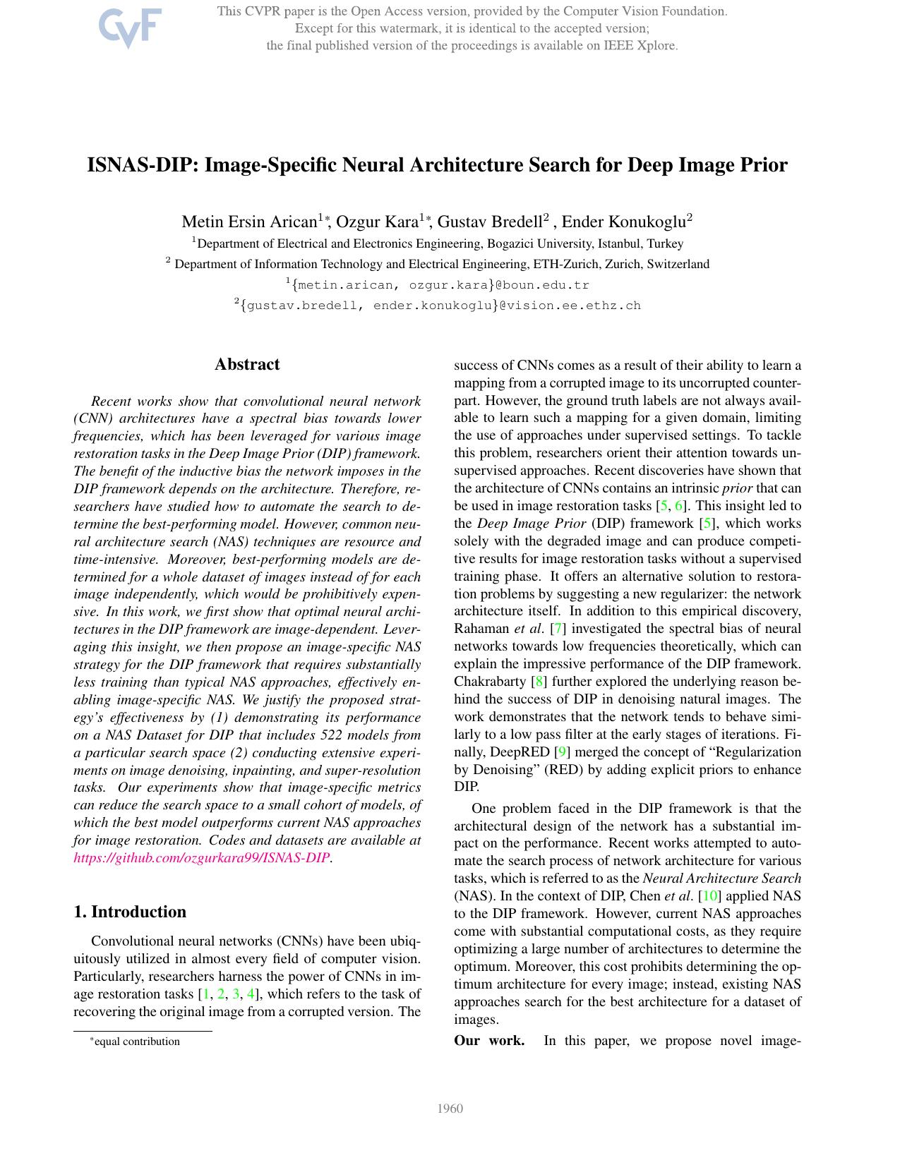 ISNAS-DIP: Image-Specific Neural Architecture Search for Deep Image Prior by Metin Ersin Arican & Ozgur Kara & Gustav Bredell & Ender Konukoglu