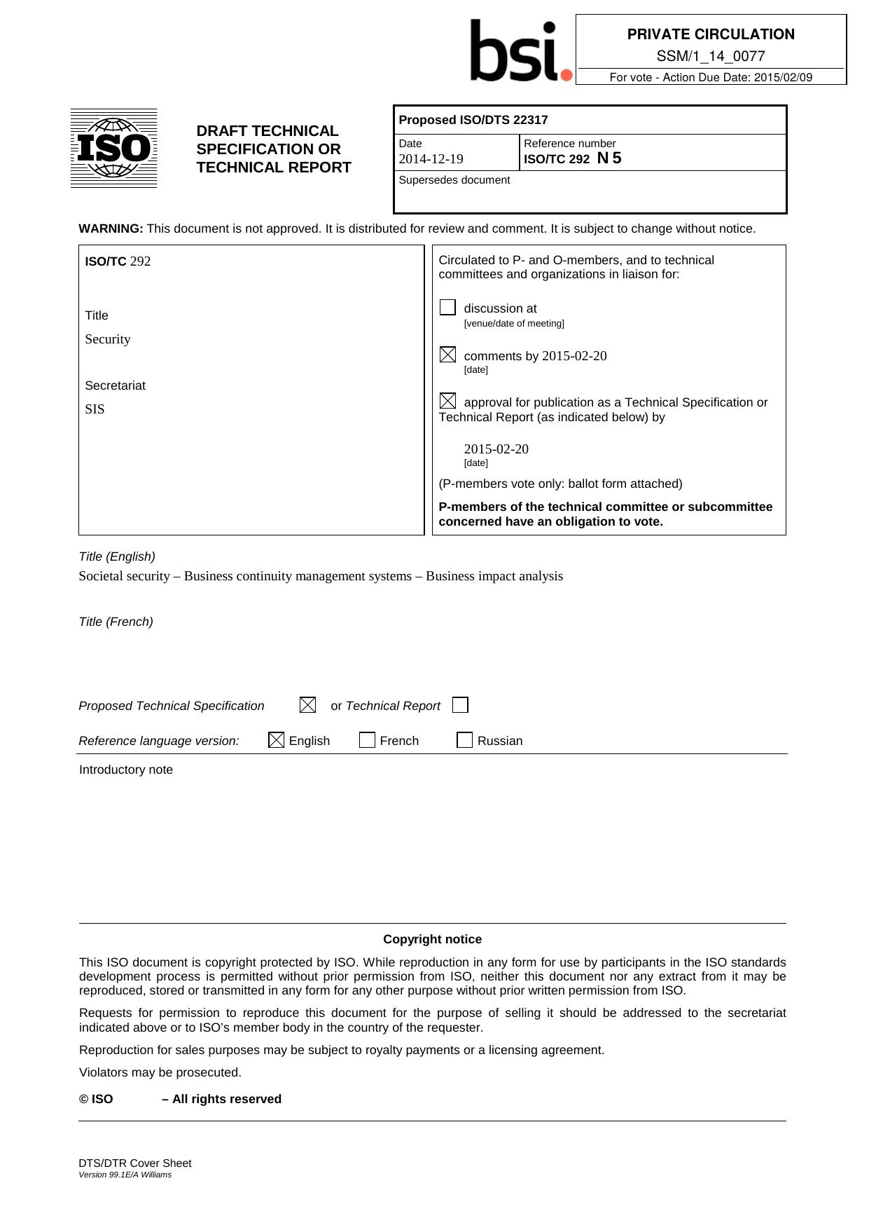 ISO/DTS 22317-2015: Societal security â Business continuity management systems â Business impact analysis by ISO