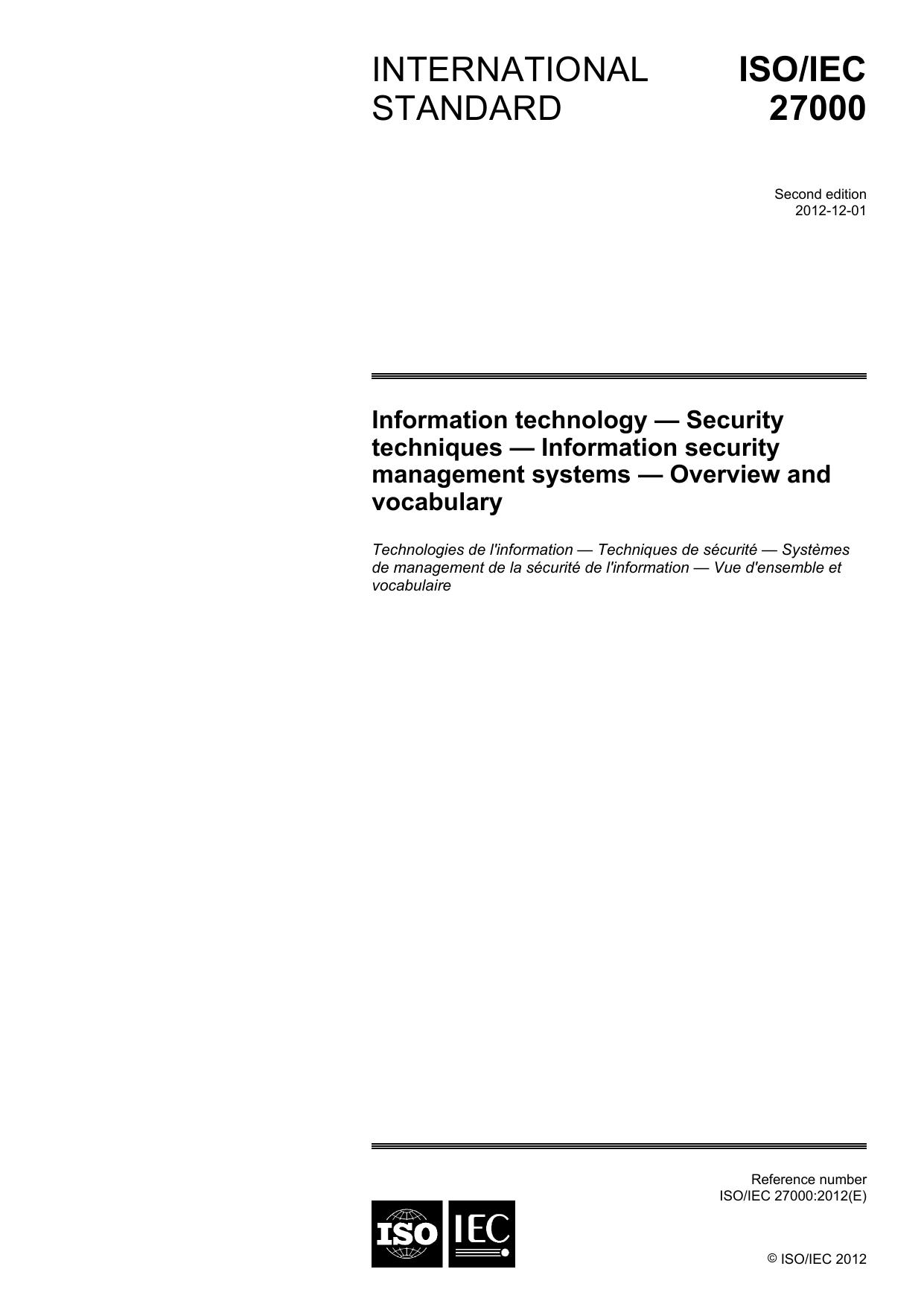 ISO/IEC 27000:2012, Information security management systems â Overview and vocabulary by ISO
