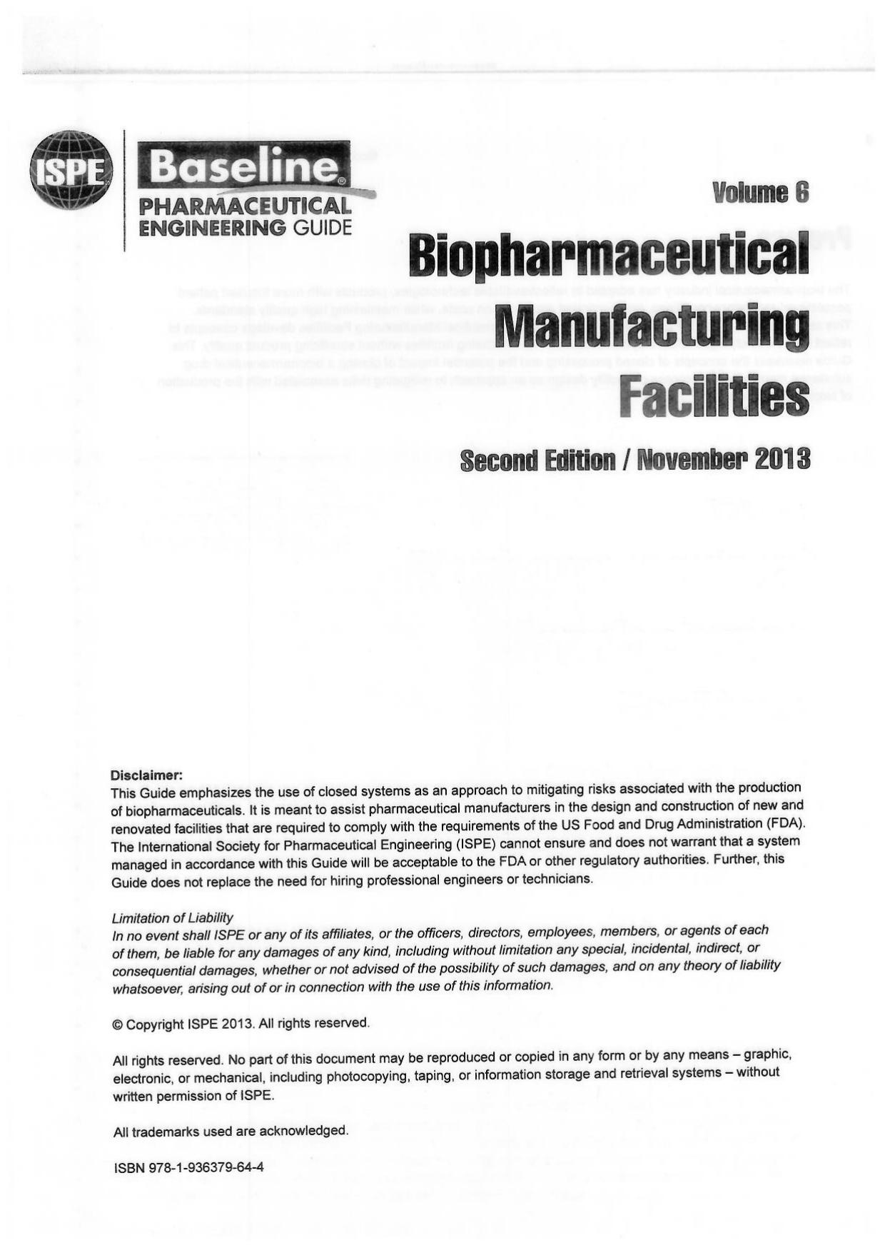 ISPE Baseline Pharmaceutical Engineering Guide for New and Renovated Facilities: Biopharmaceutical Manufacturing Facilities by ISPE