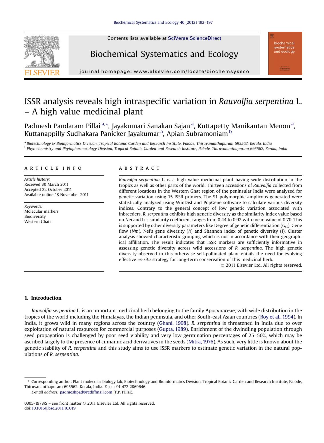 ISSR analysis reveals high intraspecific variation in Rauvolfia serpentina L. - A high value medicinal plant by unknow
