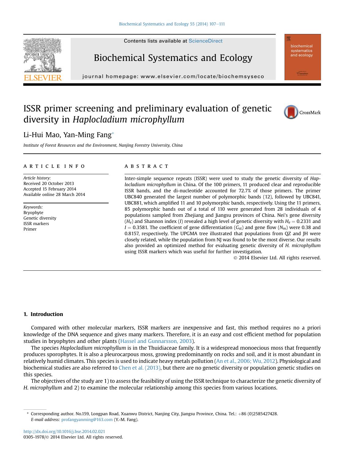 ISSR primer screening and preliminary evaluation of genetic diversity in Haplocladium microphyllum by Li-Hui Mao & Yan-Ming Fang