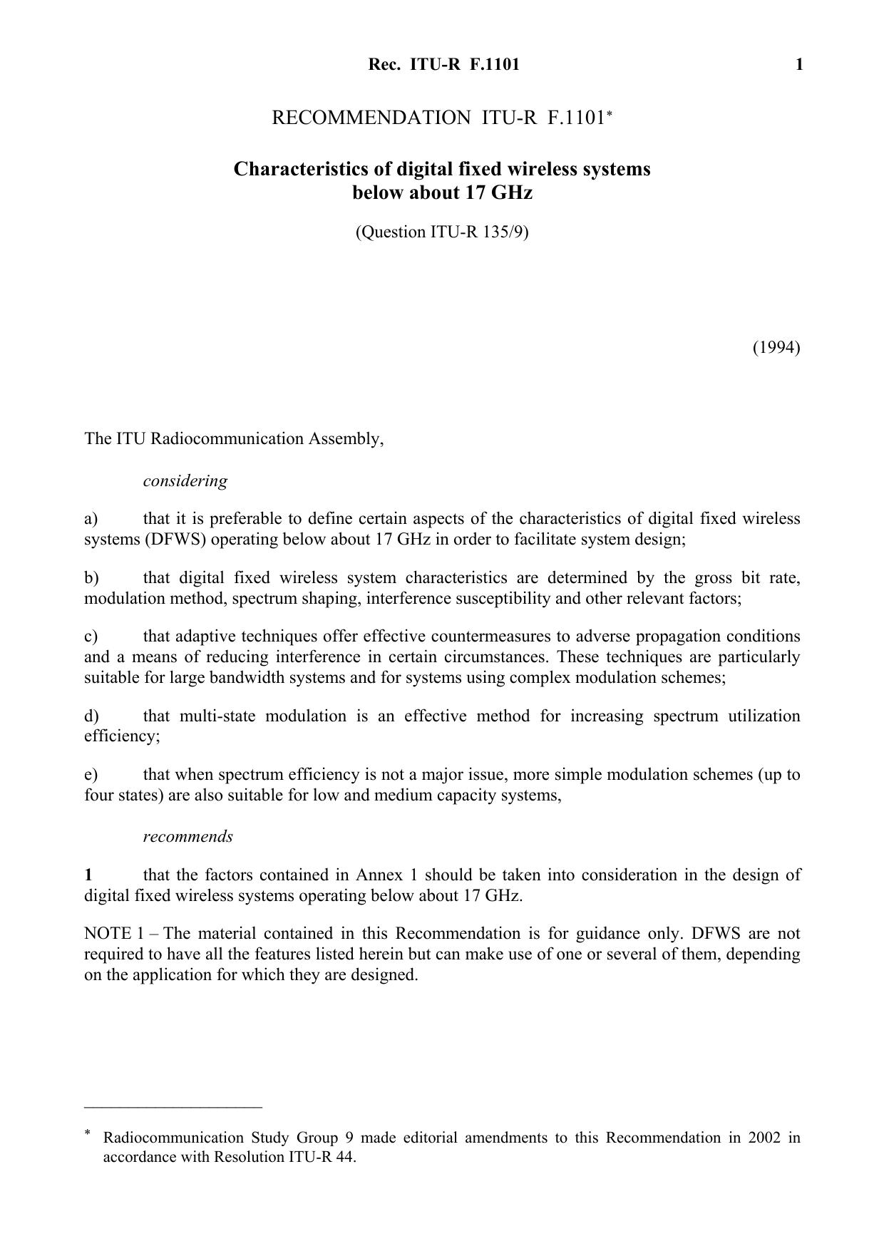ITU-R RECOMMENDATION F.1101 (09-1994) Characteristics of digital fixed wireless systems below about 17 GHz by International Telecommunication Union