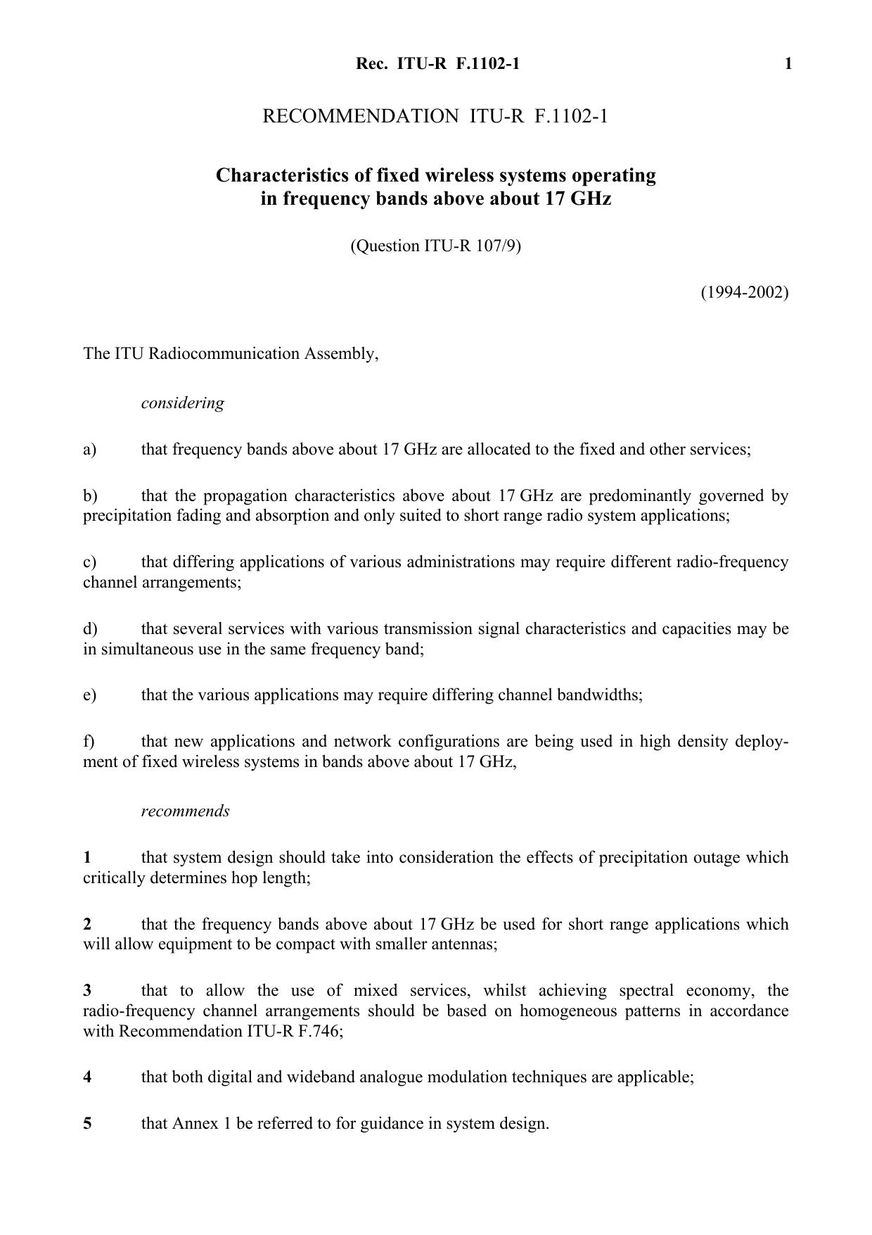 ITU-R RECOMMENDATION F.1102-1 (02-2002) Characteristics of fixed wireless systems operating in frequency bands above about 17 GHz by International Telecommunication Union