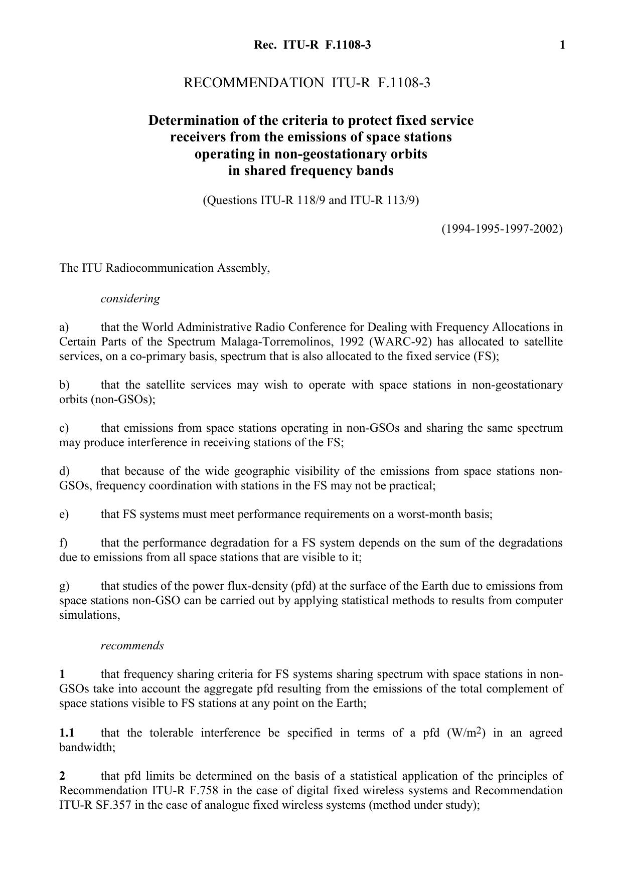 ITU-R RECOMMENDATION F.1108-3 (05-2002) Determination of the criteria to protect fixed service receivers from the emissions of space stations operating in non-geostationary orbits by International Telecommunication Union