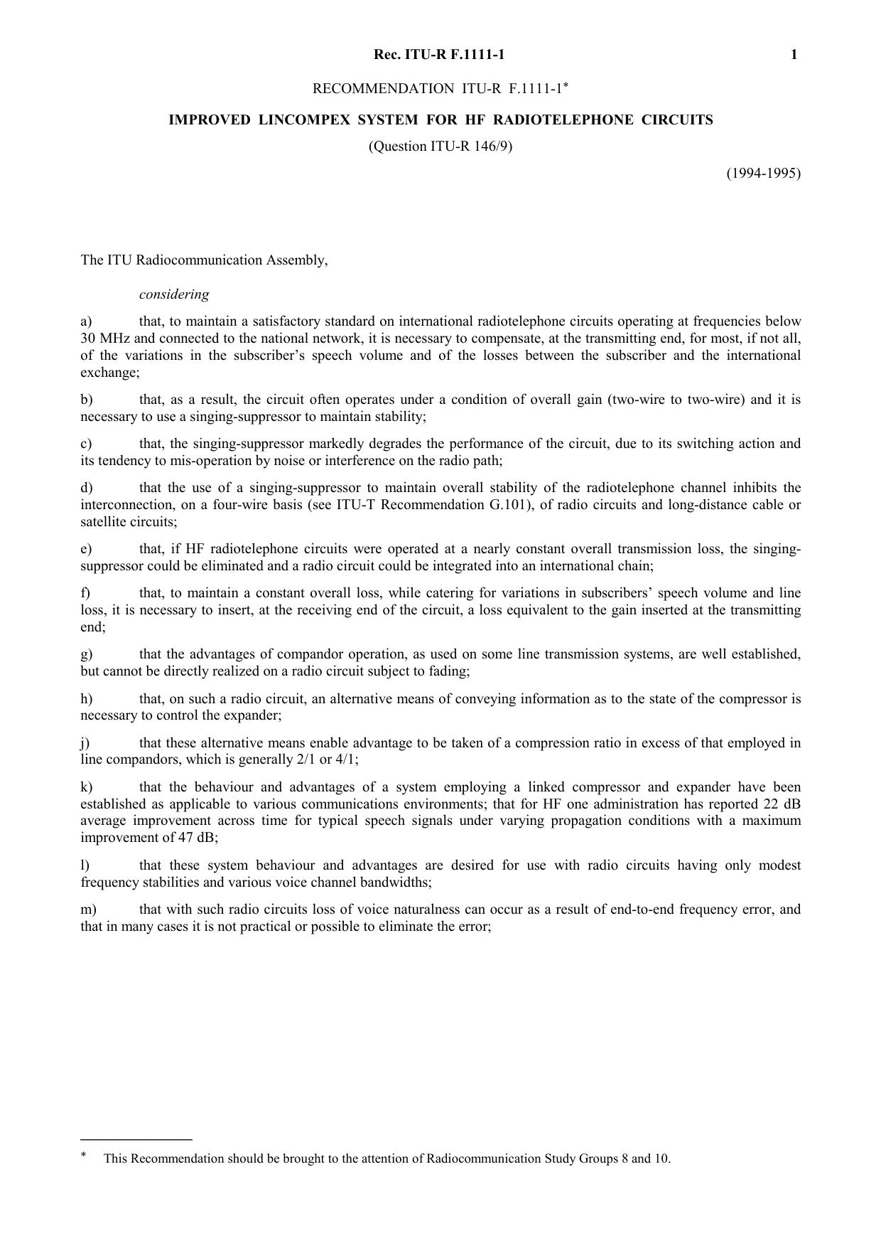 ITU-R RECOMMENDATION F.1111-1 (10-1995) Improved Lincompex system for HF radiotelephone circuits by International Telecommunication Union