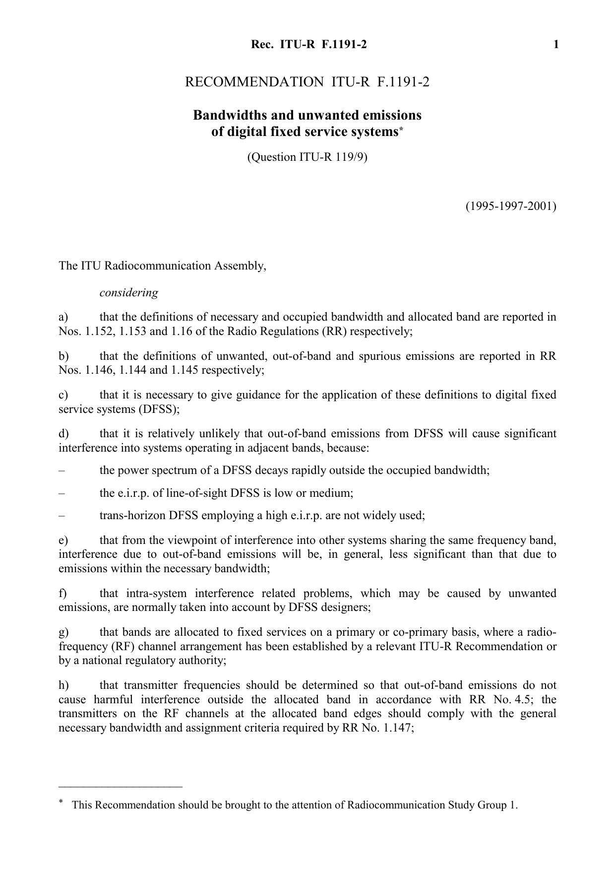 ITU-R RECOMMENDATION F.1191-2 (05-2001) Bandwidths and unwanted emissions of digital fixed service systems by International Telecommunication Union
