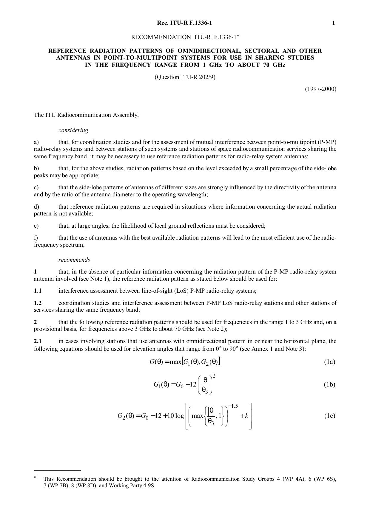 ITU-R RECOMMENDATION F.1336-1 (05-2000) Reference radiation patterns of omnidirectional, sectoral and other antennas in point-to-multipoint systems for use in sharing studies in th by International Telecommunication Union