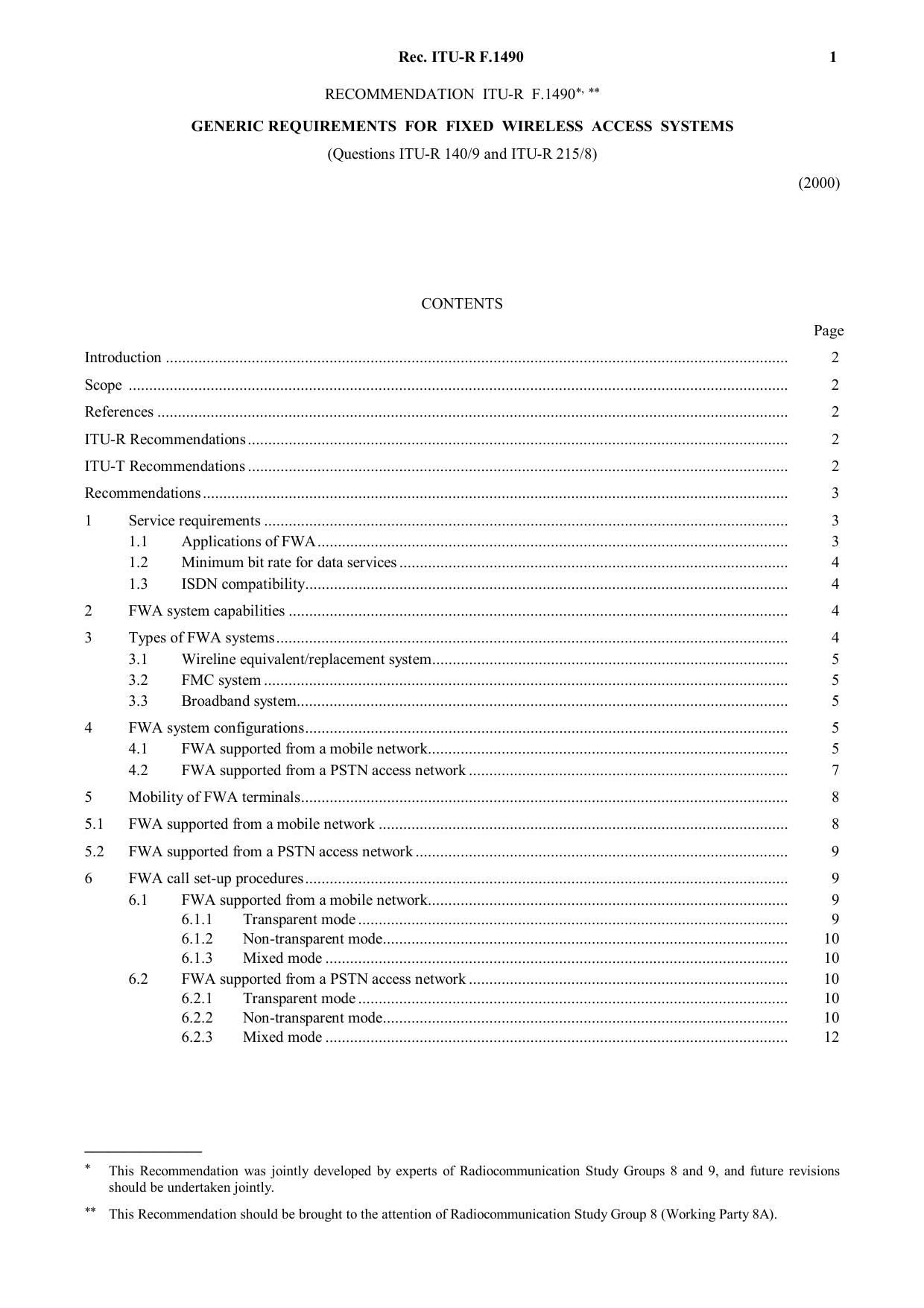 ITU-R RECOMMENDATION F.1490 (05-2000) Generic requirements for fixed wireless access systems by International Telecommunication Union