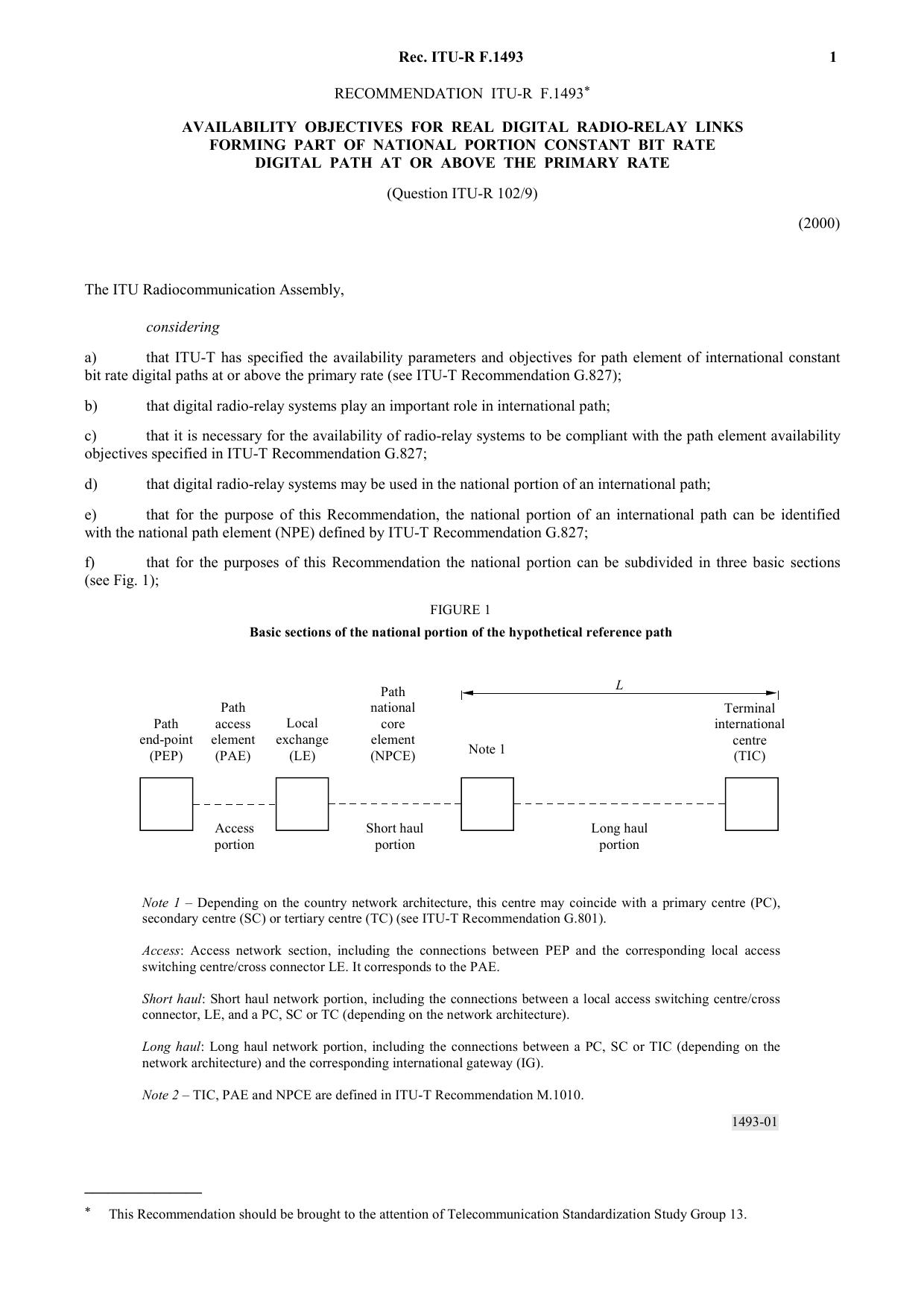 ITU-R RECOMMENDATION F.1493 (05-2000) Availability objectives for real digital radio-relay links forming part of national portion constant bit rate digital path at or above the primary rate by International Telecommunication Union