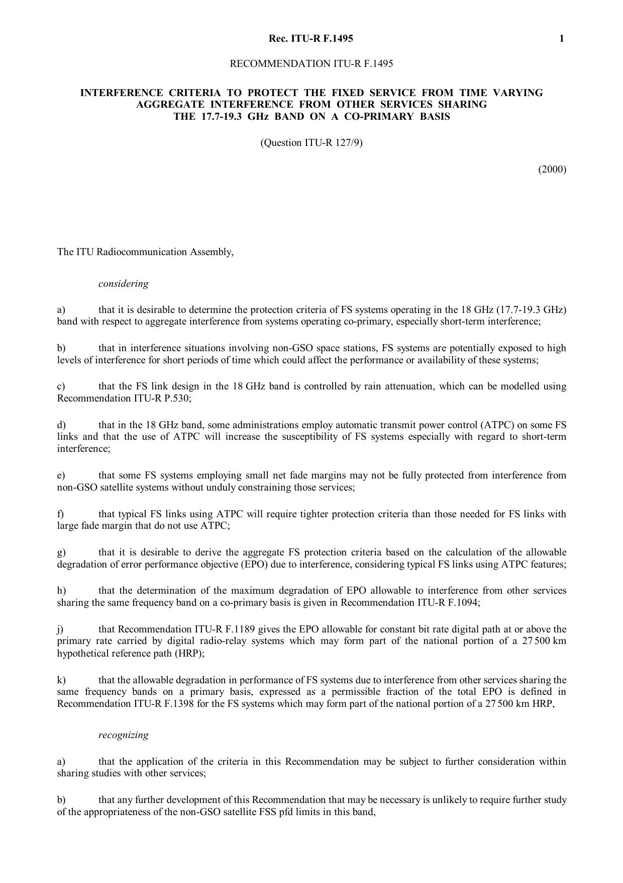 ITU-R RECOMMENDATION F.1495 (05-2000) Interference criteria to protect the fixed service from time varying aggregate interference from other services sharing the 17.7-19.3 GHz band by International Telecommunication Union