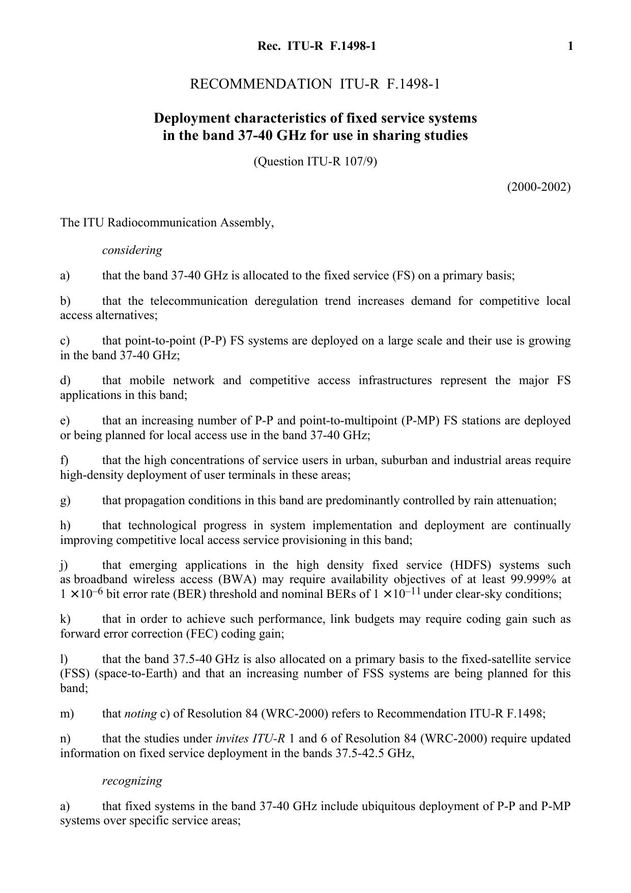 ITU-R RECOMMENDATION F.1498-1 (05-2002) Deployment characteristics of fixed service systems in the band 37-40 GHz for use in sharing studies by International Telecommunication Union