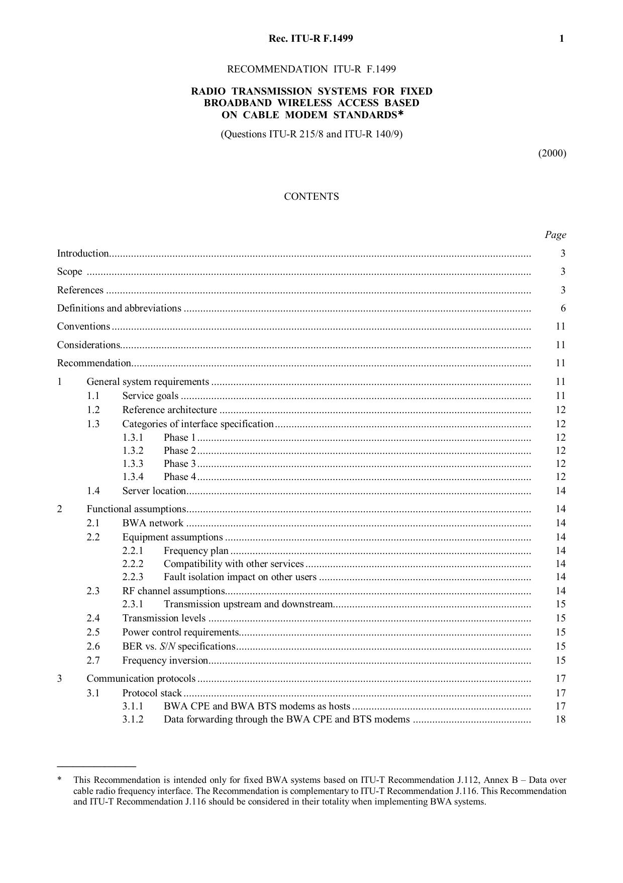 ITU-R RECOMMENDATION F.1499 (05-2000) Radio transmission systems for fixed broadband wireless access based on cable modem standard by International Telecommunication Union
