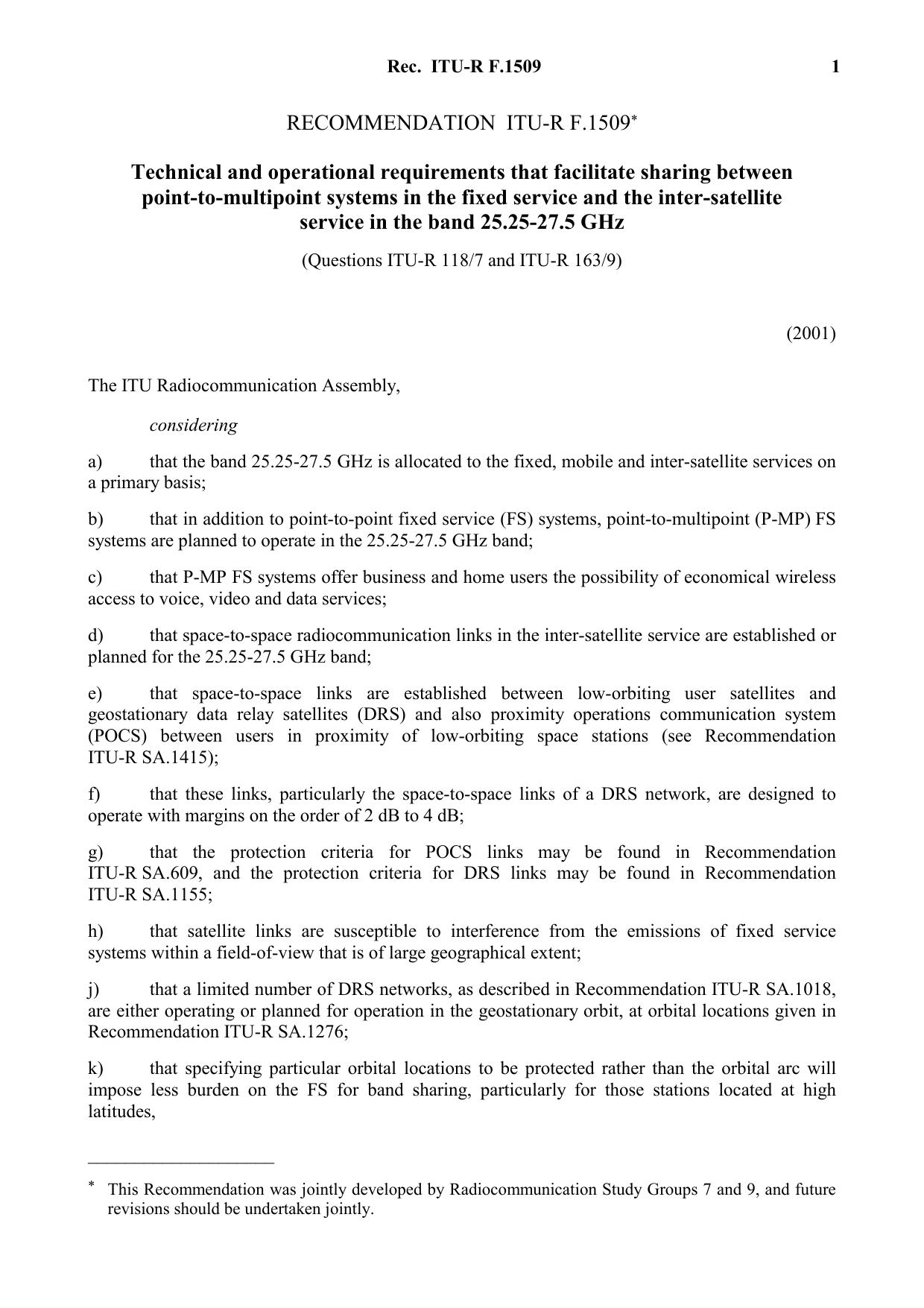 ITU-R RECOMMENDATION F.1509 (02-2001) Technical and operational requirements that facilitate sharing between point-to-multipoint systems in the fixed service and the inter-satellit by International Telecommunication Union