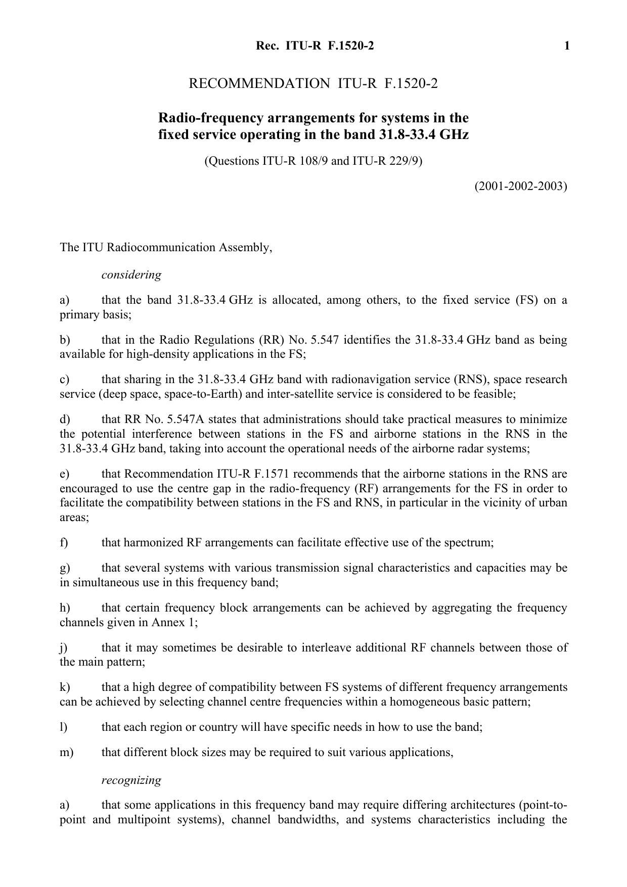 ITU-R RECOMMENDATION F.1520-2 (02-2003) Radio-frequency arrangements for systems in the fixed service operating in the band 31.8-33.4 GHz by International Telecommunication Union