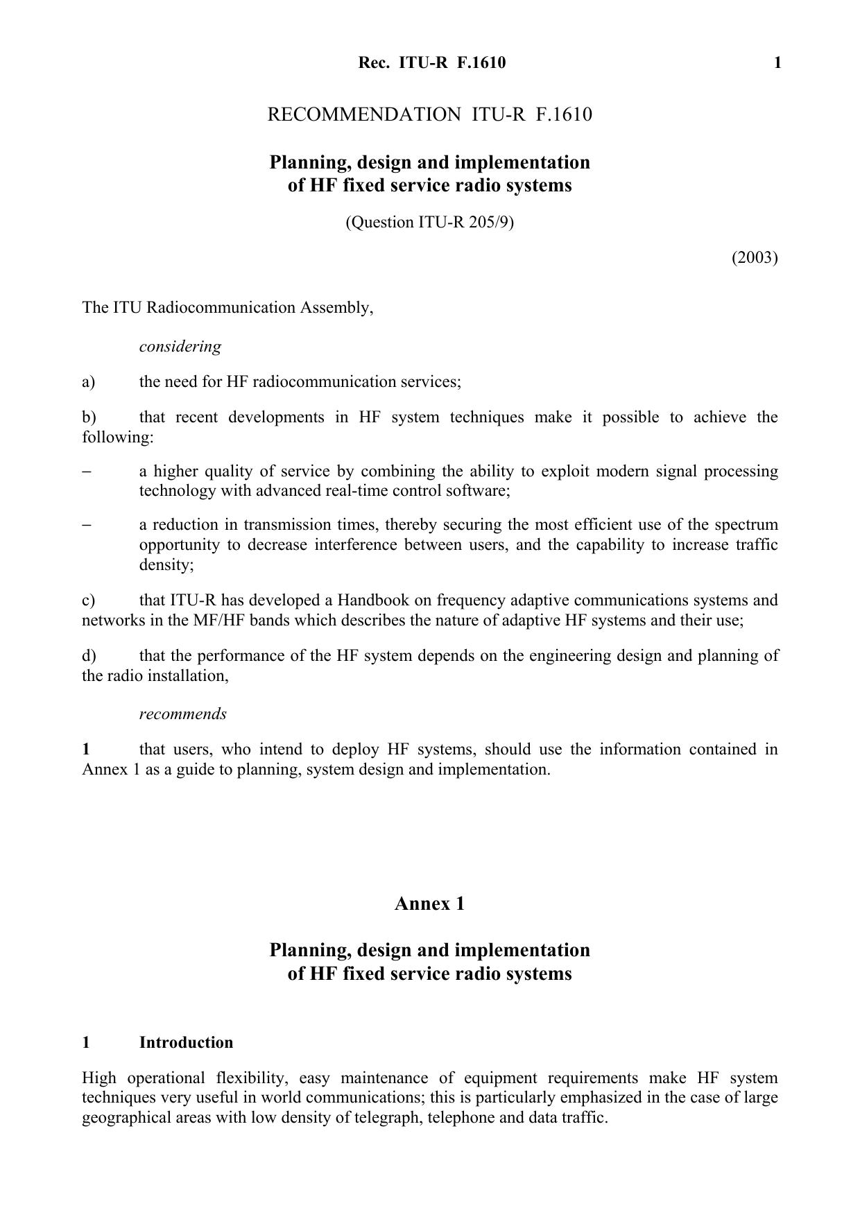 ITU-R RECOMMENDATION F.1610 (02-2003) Planning, design and implementation of HF fixed service radio systems by International Telecommunication Union