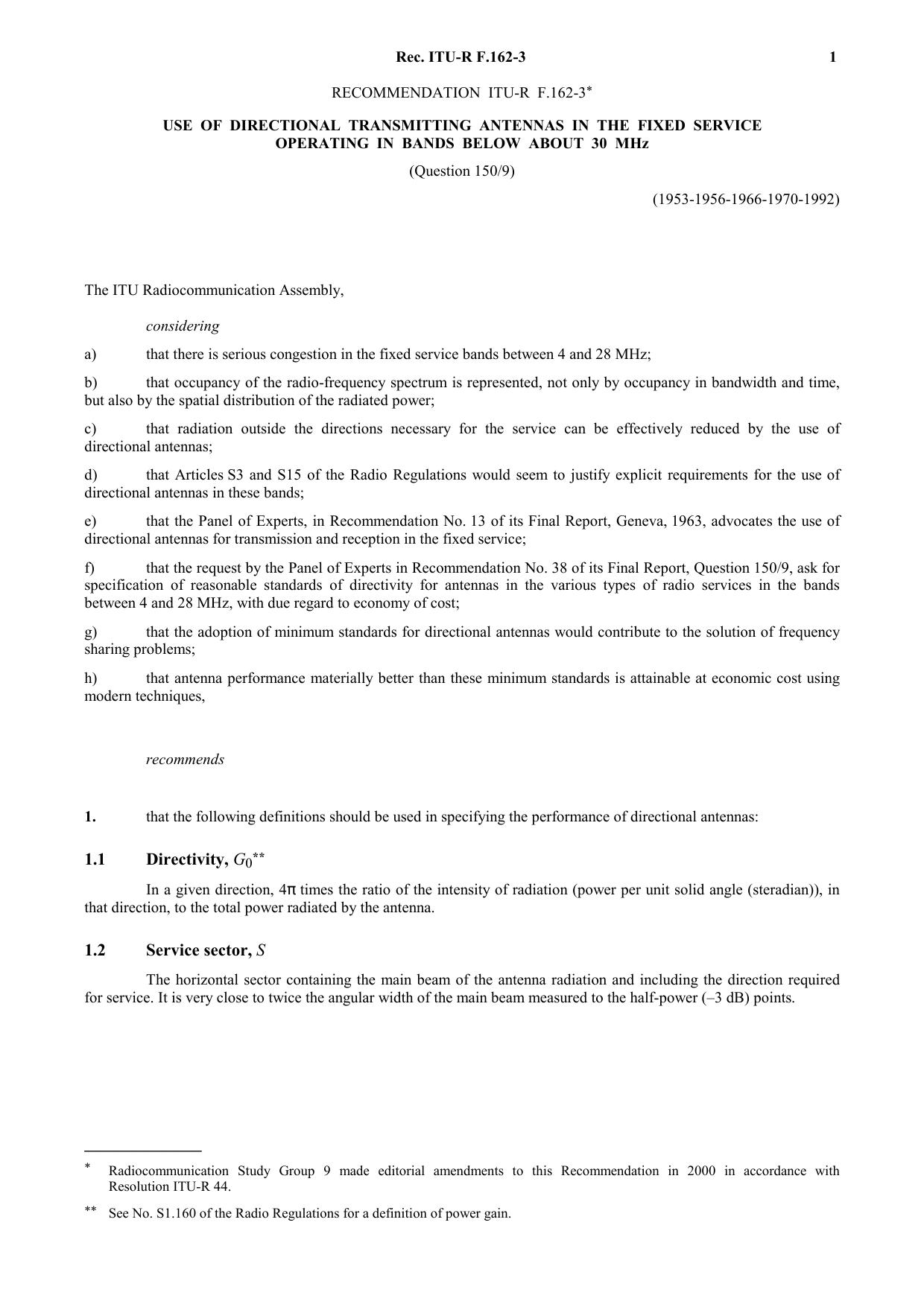 ITU-R RECOMMENDATION F.162-3 (03-1992) Use of directional transmitting antennas in the fixed service operating in bands below about 30 MHz by International Telecommunication Union