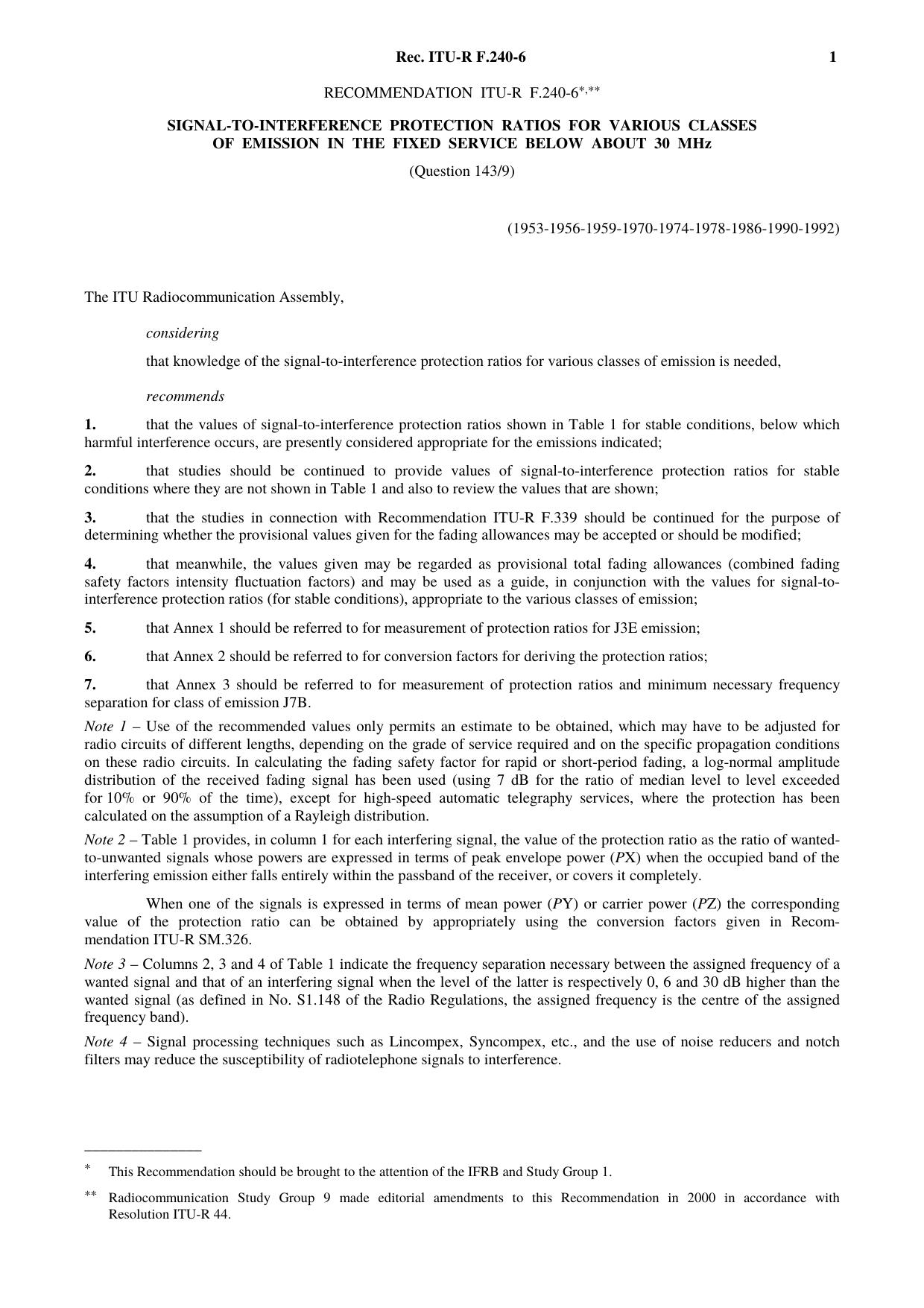 ITU-R RECOMMENDATION F.240-6 (03-1992) Signal-to-interference protection ratios for various classes of emission in the fixed service below about 30 MHz by International Telecommunication Union