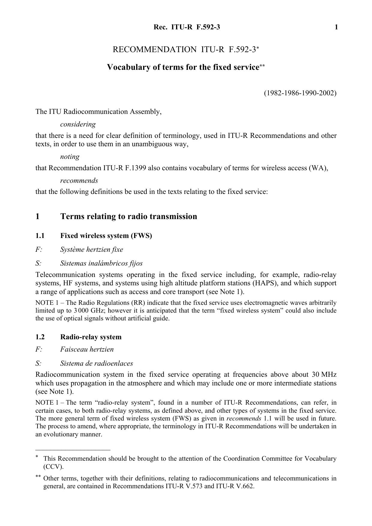 ITU-R RECOMMENDATION F.592-3 (02-2002) Vocabulary of terms for the fixed service by International Telecommunication Union
