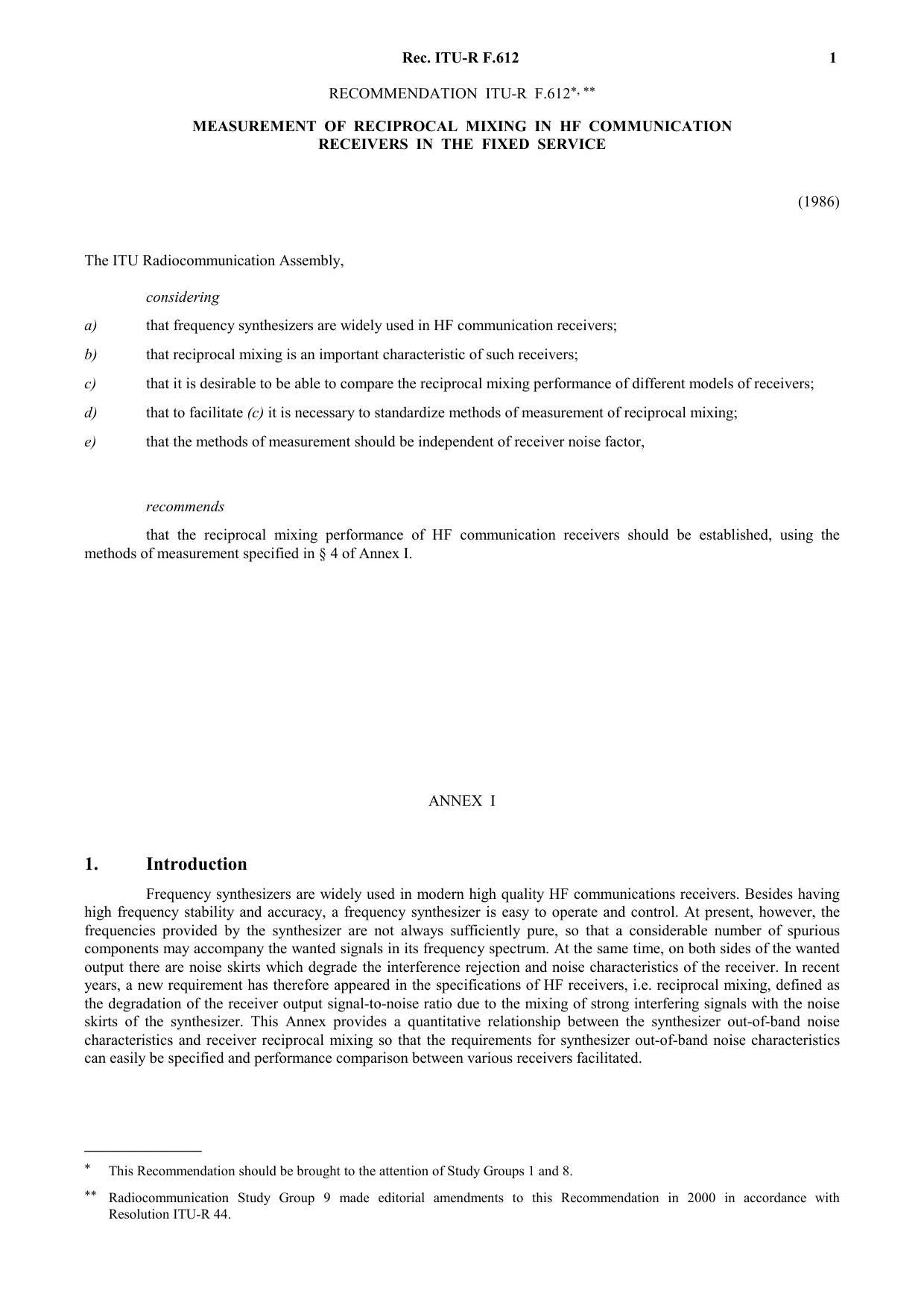 ITU-R RECOMMENDATION F.612 (07-1986) Measurement of reciprocal mixing in HF communication receivers in the fixed service by International Telecommunication Union