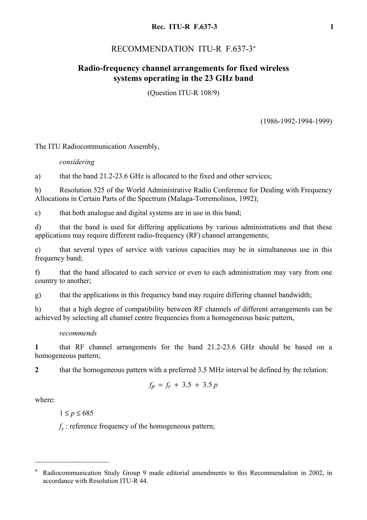 ITU-R RECOMMENDATION F.637-3 (02-1999) Radio-frequency channel arrangements for fixed wireless by International Telecommunication Union