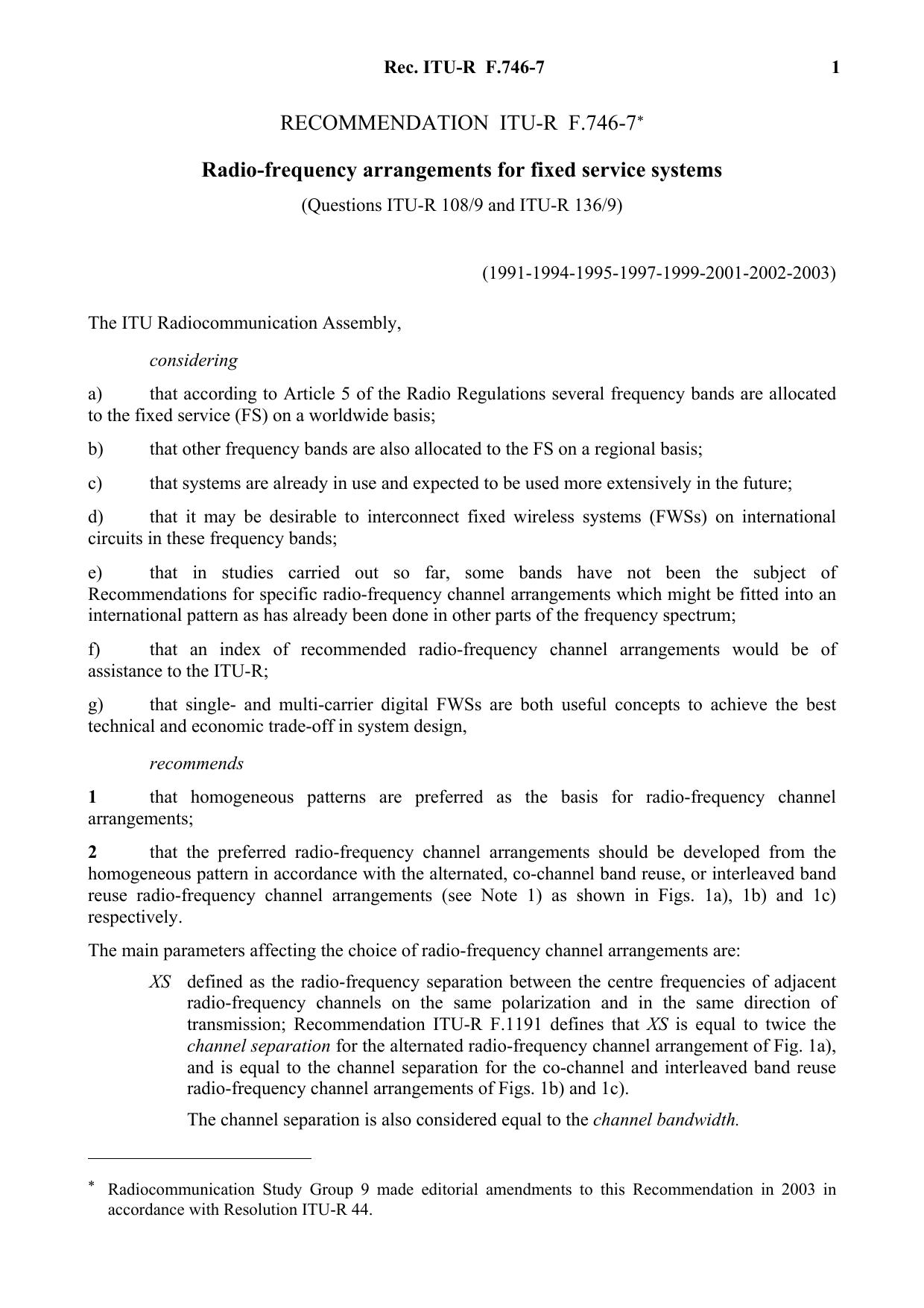 ITU-R RECOMMENDATION F.746-7 (02-2003) Radio-frequency arrangements for fixed service systems by International Telecommunication Union