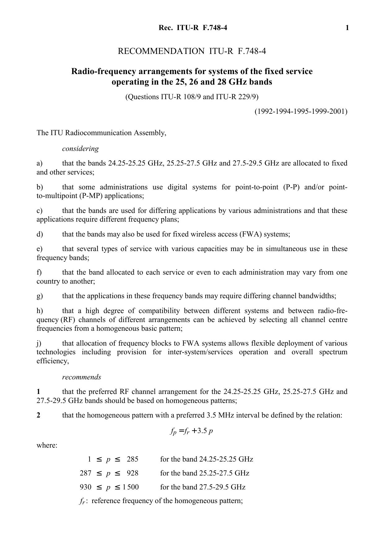 ITU-R RECOMMENDATION F.748-4 (05-2001) Radio-frequency arrangements for systems of the fixed service operating in the 25, 26 and 28 GHz bands by International Telecommunication Union