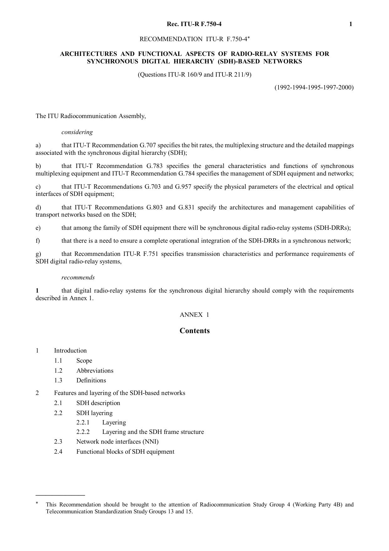 ITU-R RECOMMENDATION F.750-4 (05-2000) Architectures and functional aspects of radio-relay systems for synchronous digital hierarchy (SDH)-based network by International Telecommunication Union