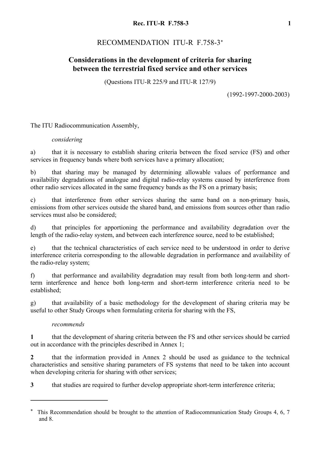 ITU-R RECOMMENDATION F.758-3 (02-2003) Considerations in the development of criteria for sharing between the terrestrial fixed service and other services by International Telecommunication Union