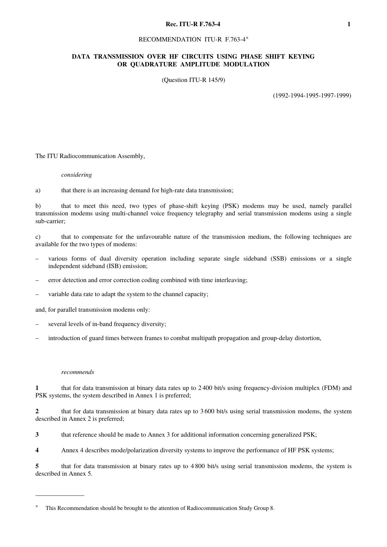 ITU-R RECOMMENDATION F.763-4 (05-1999) Data transmission over HF circuits using phase shift keying or quadrature amplitude modulation by International Telecommunication Union