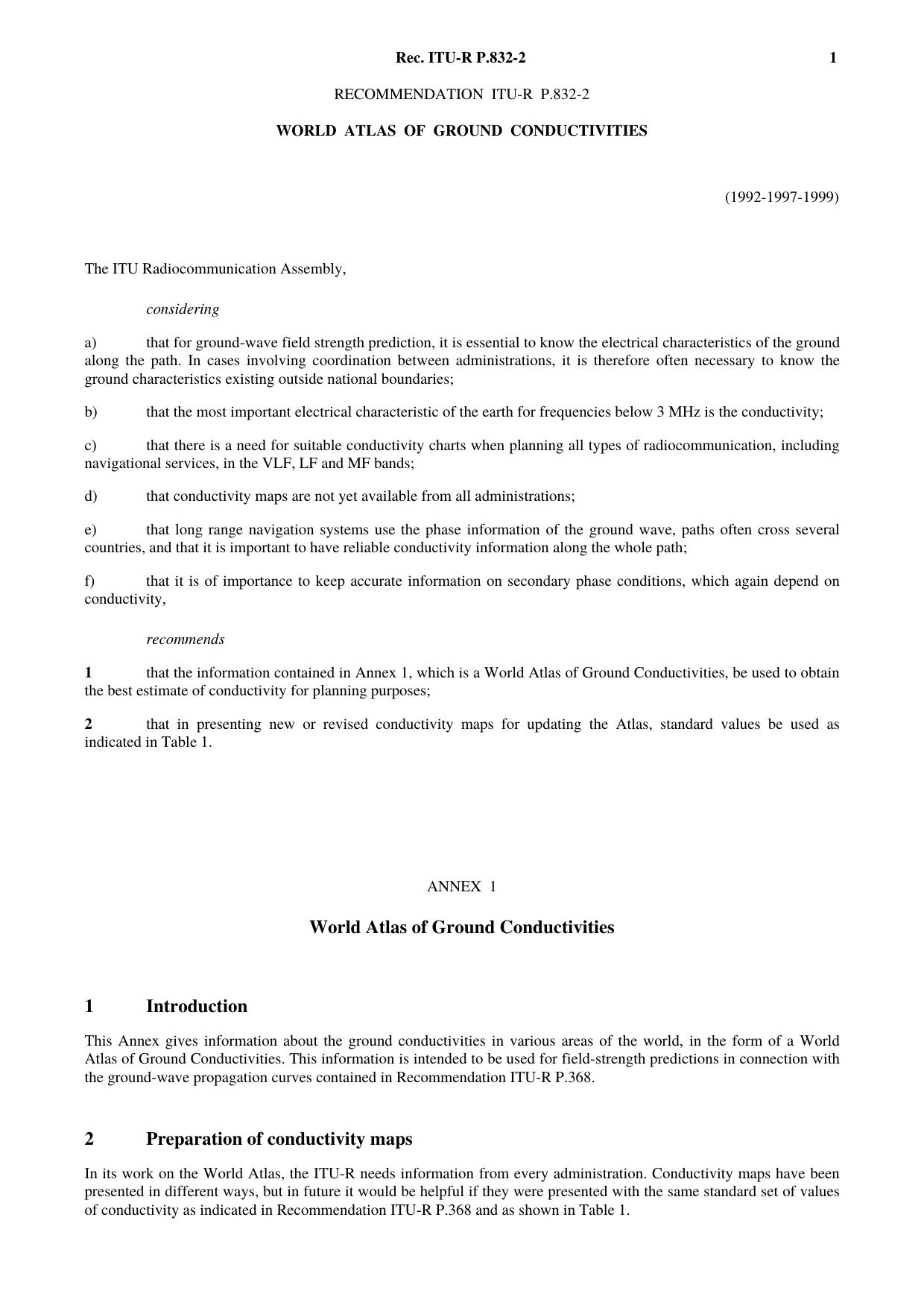 ITU-R RECOMMENDATION P.832-2 (07-1999) World Atlas of Ground Conductivities by International Telecommunication Union