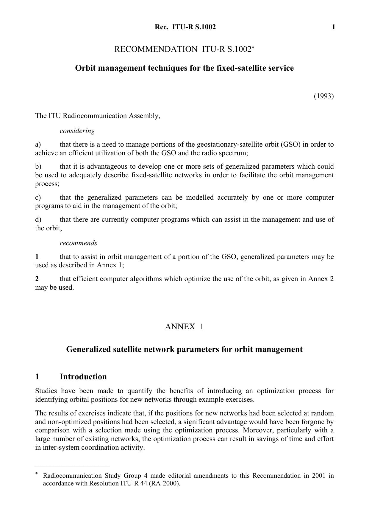 ITU-R RECOMMENDATION S.1002 (04-1993) Orbit management techniques for the fixed-satellite service by International Telecommunication Union