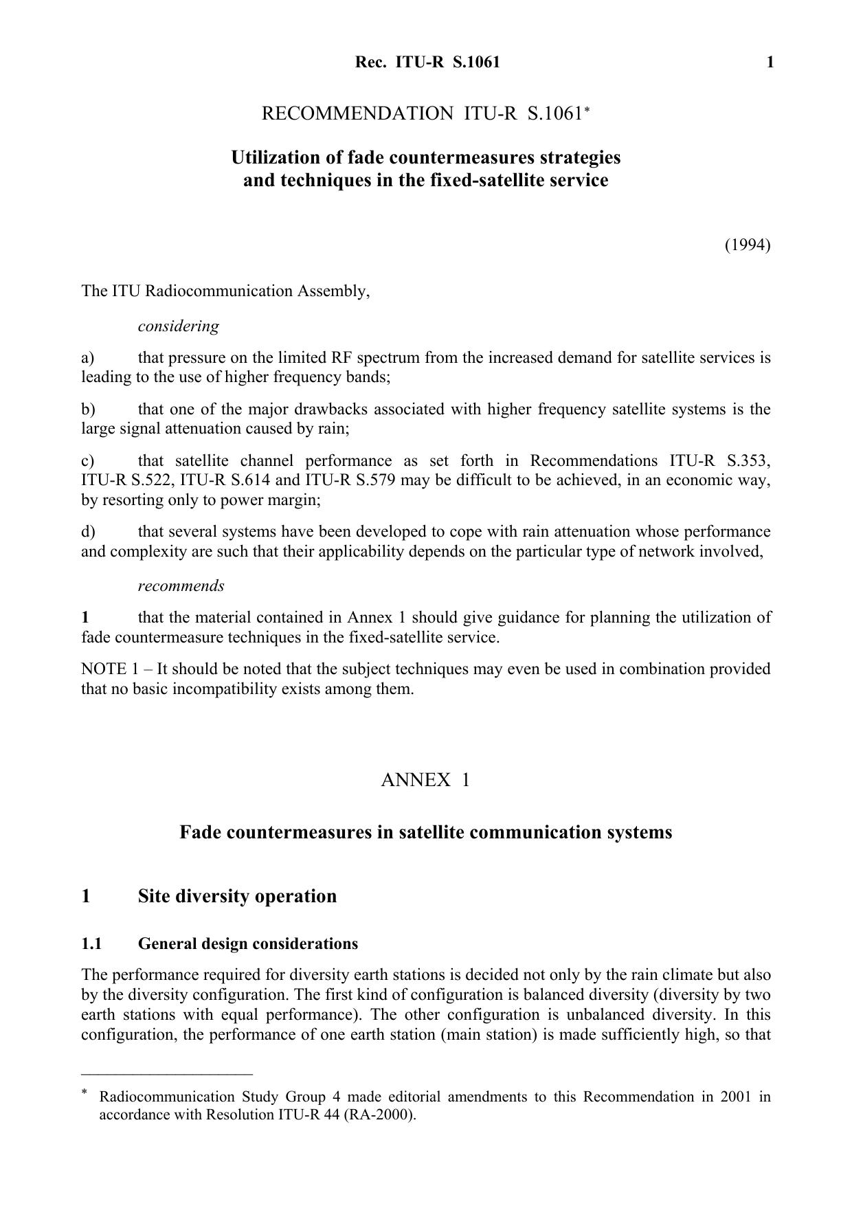 ITU-R RECOMMENDATION S.1061 (09-1994) Utilization of fade countermeasures strategies and techniques in the fixed-satellite service by International Telecommunication Union