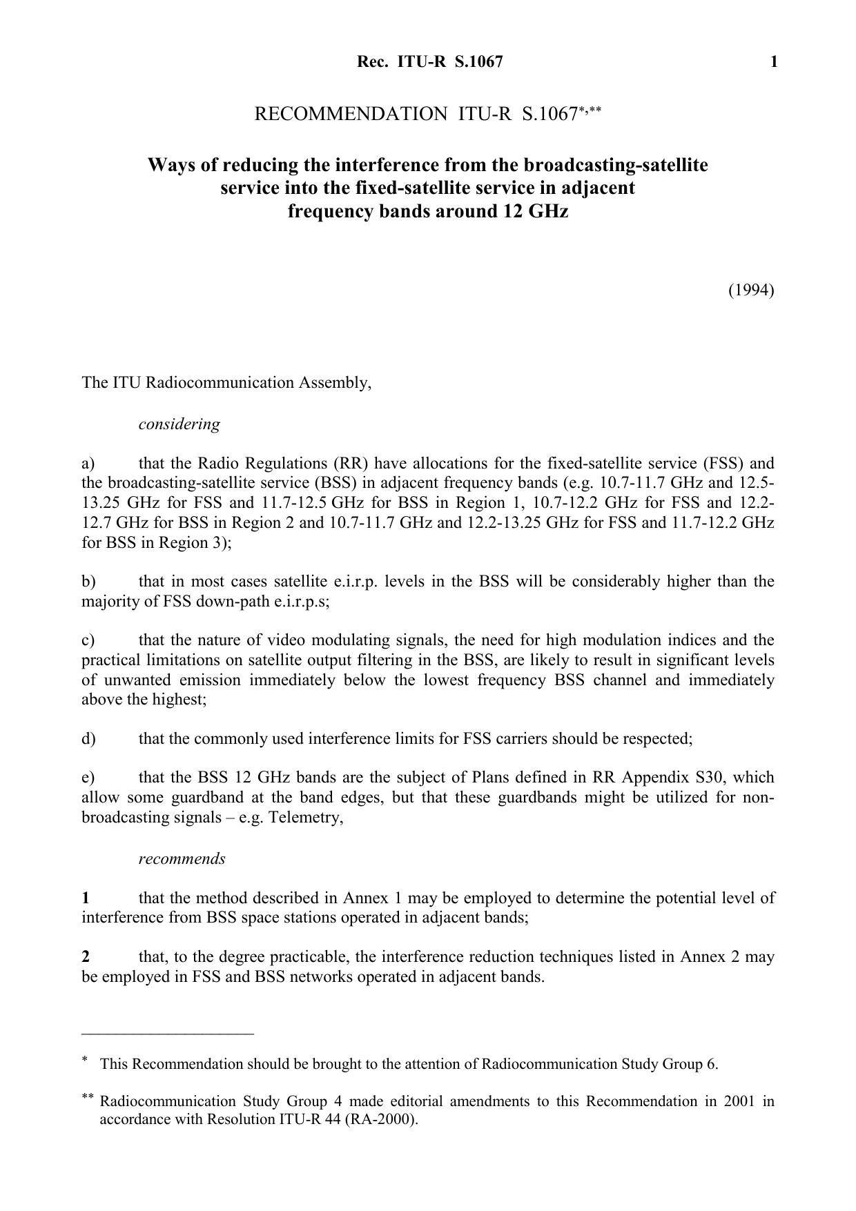 ITU-R RECOMMENDATION S.1067 (09-1994) Ways of reducing the interference from the broadcasting-satellite service into the fixed-satellite service in adjacent frequency bands around 12 GHz by International Telecommunication Union