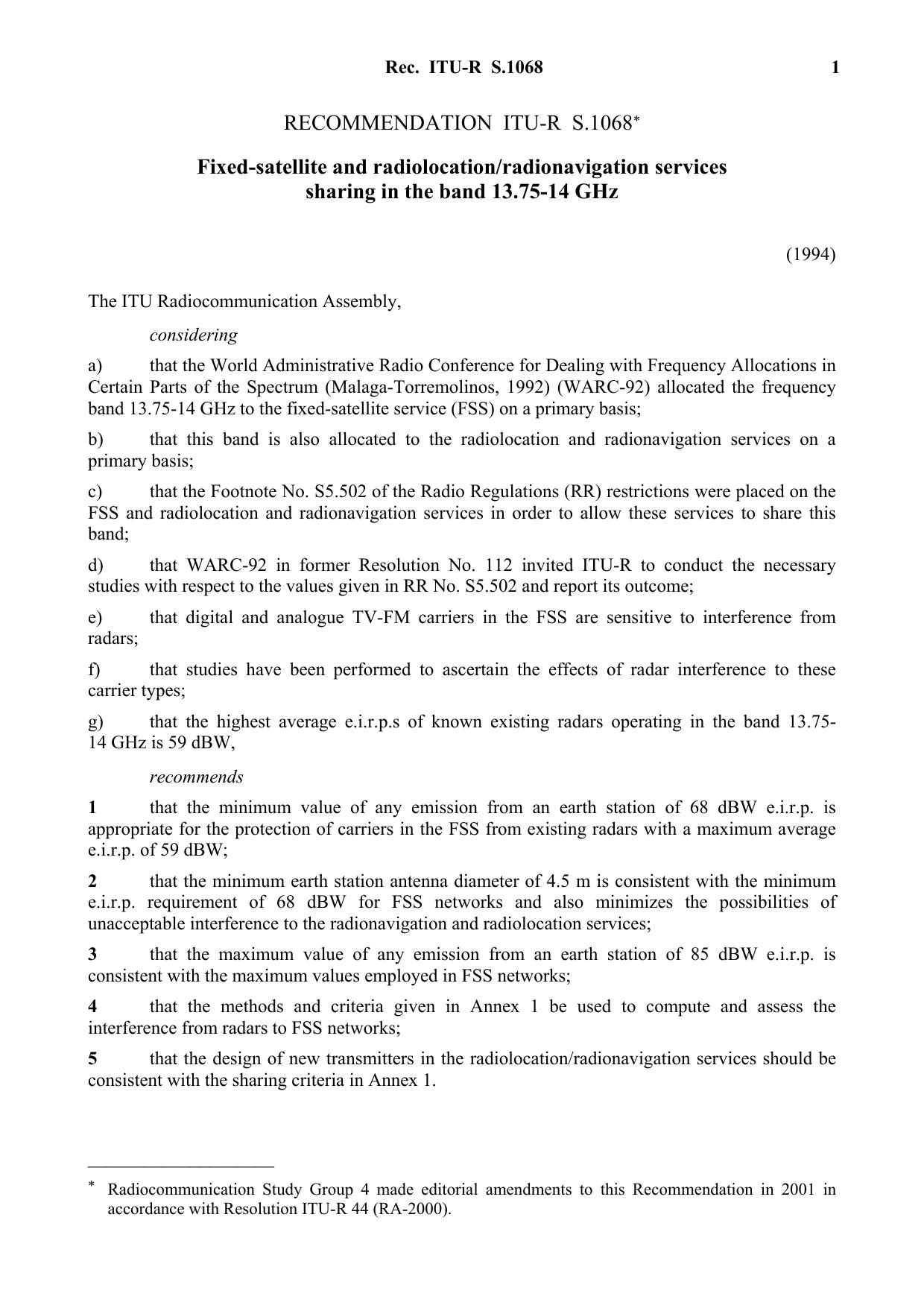 ITU-R RECOMMENDATION S.1068 (09-1994) Fixed-satellite and radiolocationradionavigation services sharing in the band 13.75-14 GHz by International Telecommunication Union